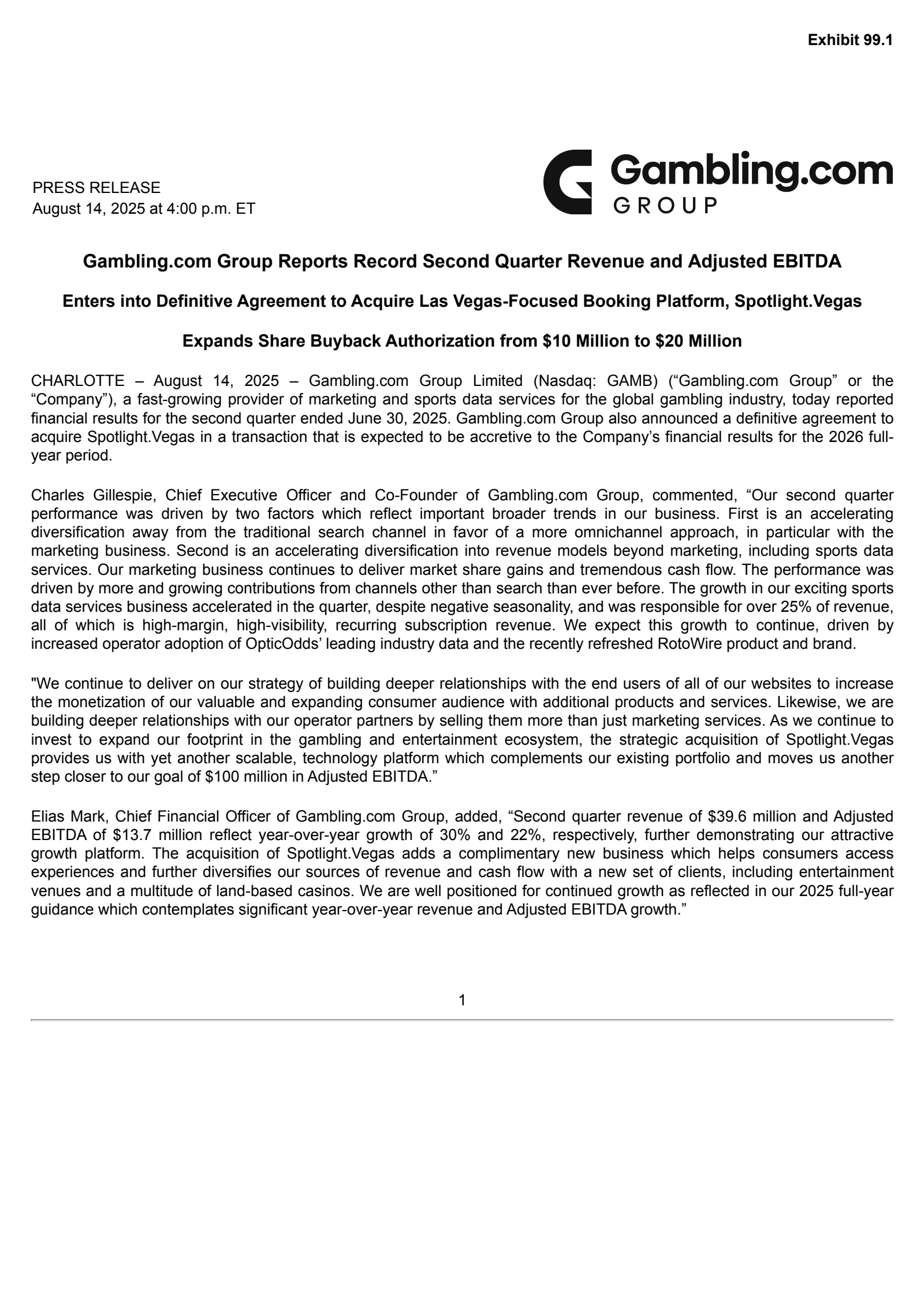 Gambling.com Group's Q2 2025 Press Release