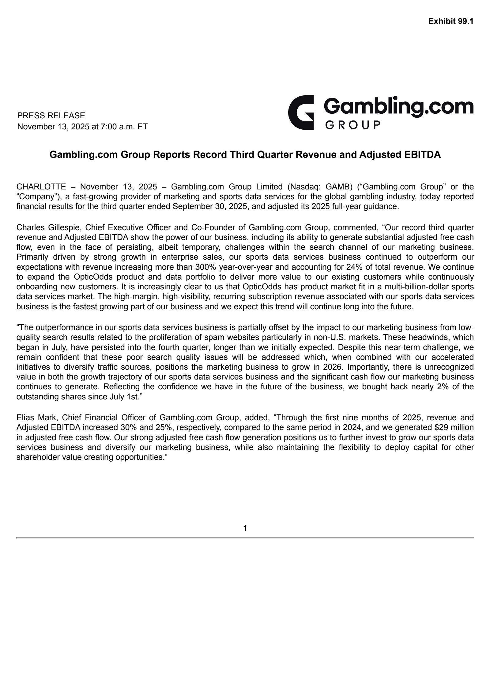 Gambling.com Group's Q3 2025 Earnings Release