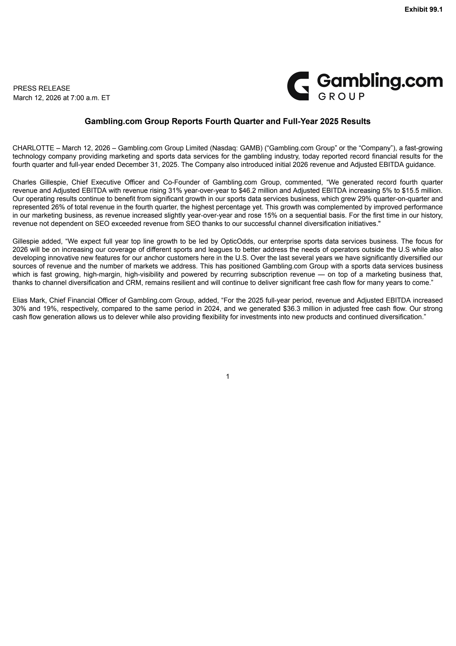 Gambling.com Group's Q4 2025 Press Release
