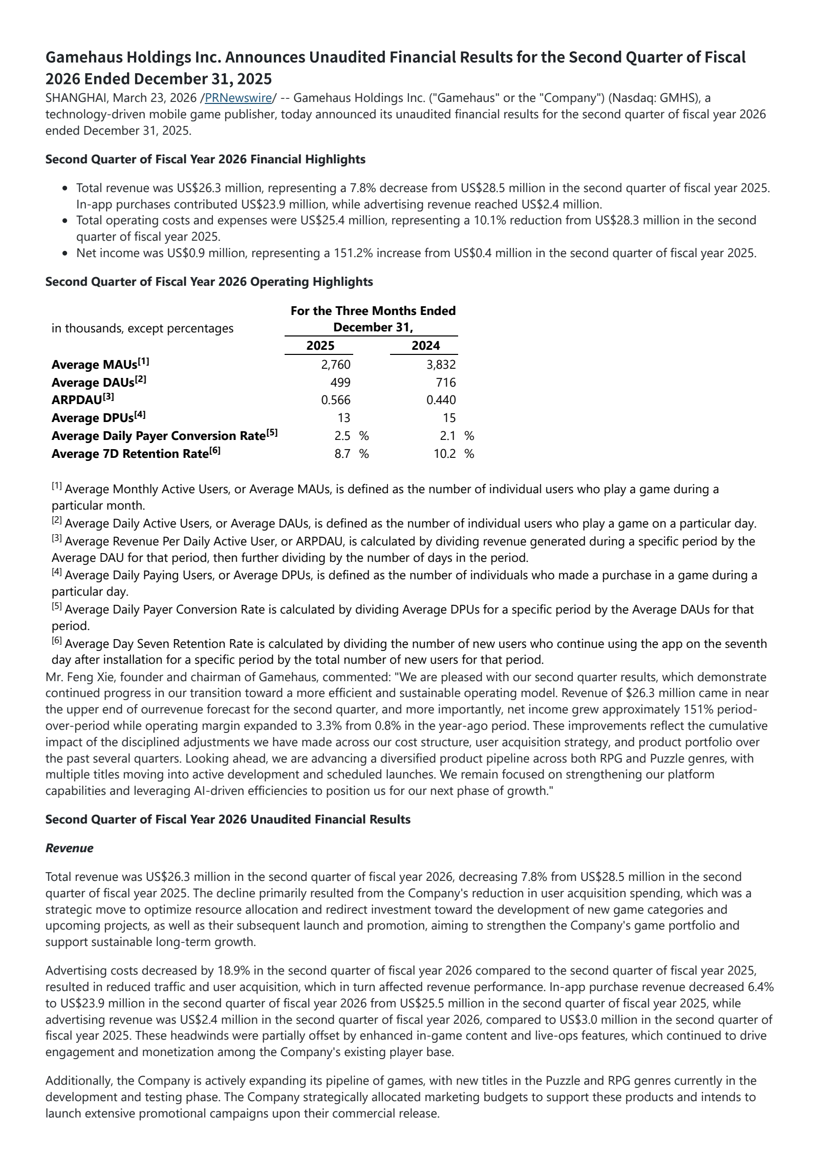 Gamehaus' Q2 2026 Press Release