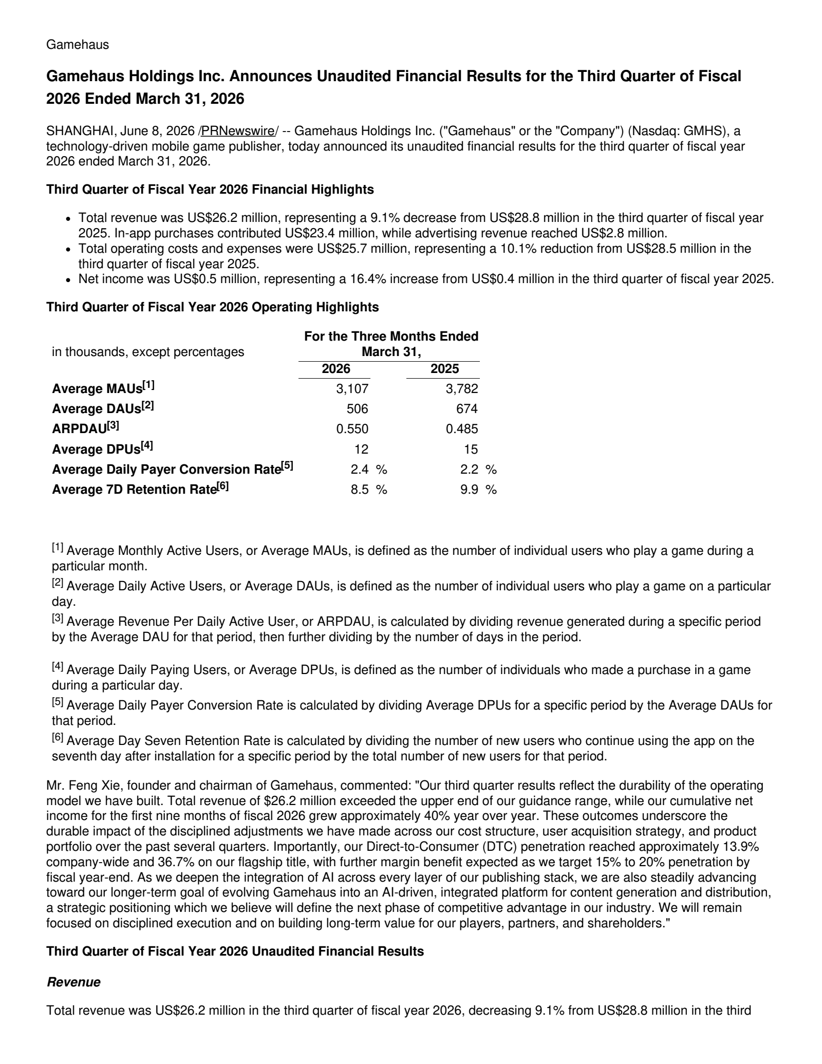 Gamehaus' Q3 2026 Press Release