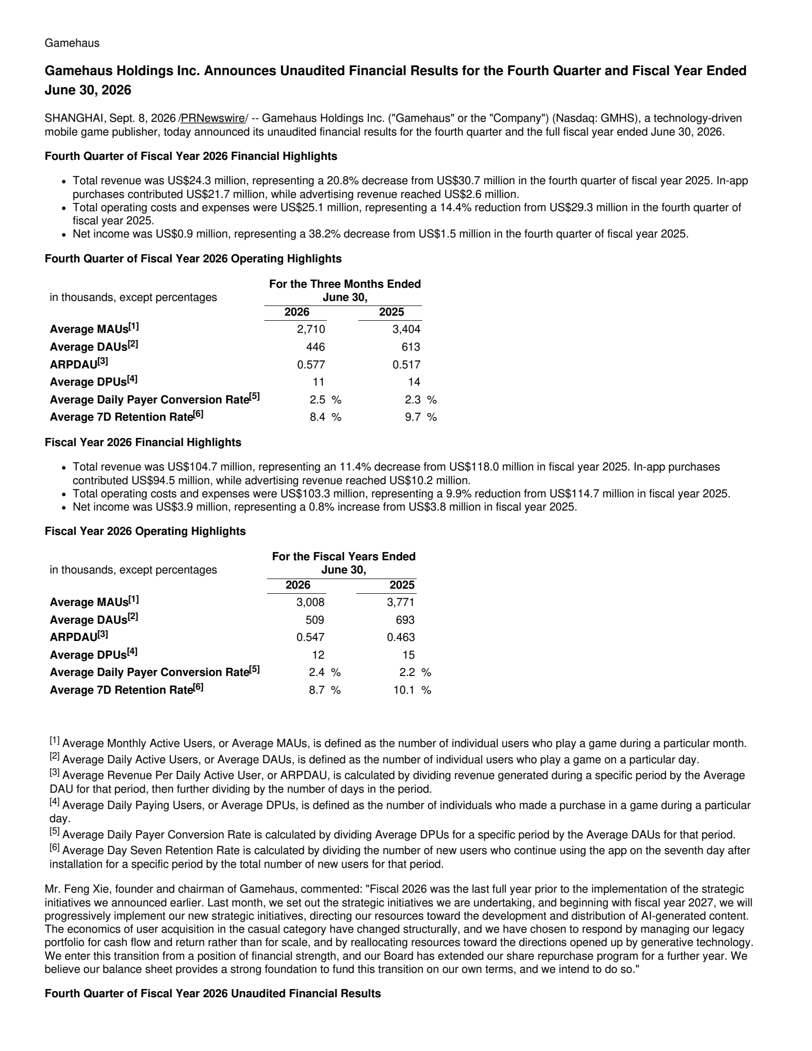 Gamehaus' Q4 2026 Press Release