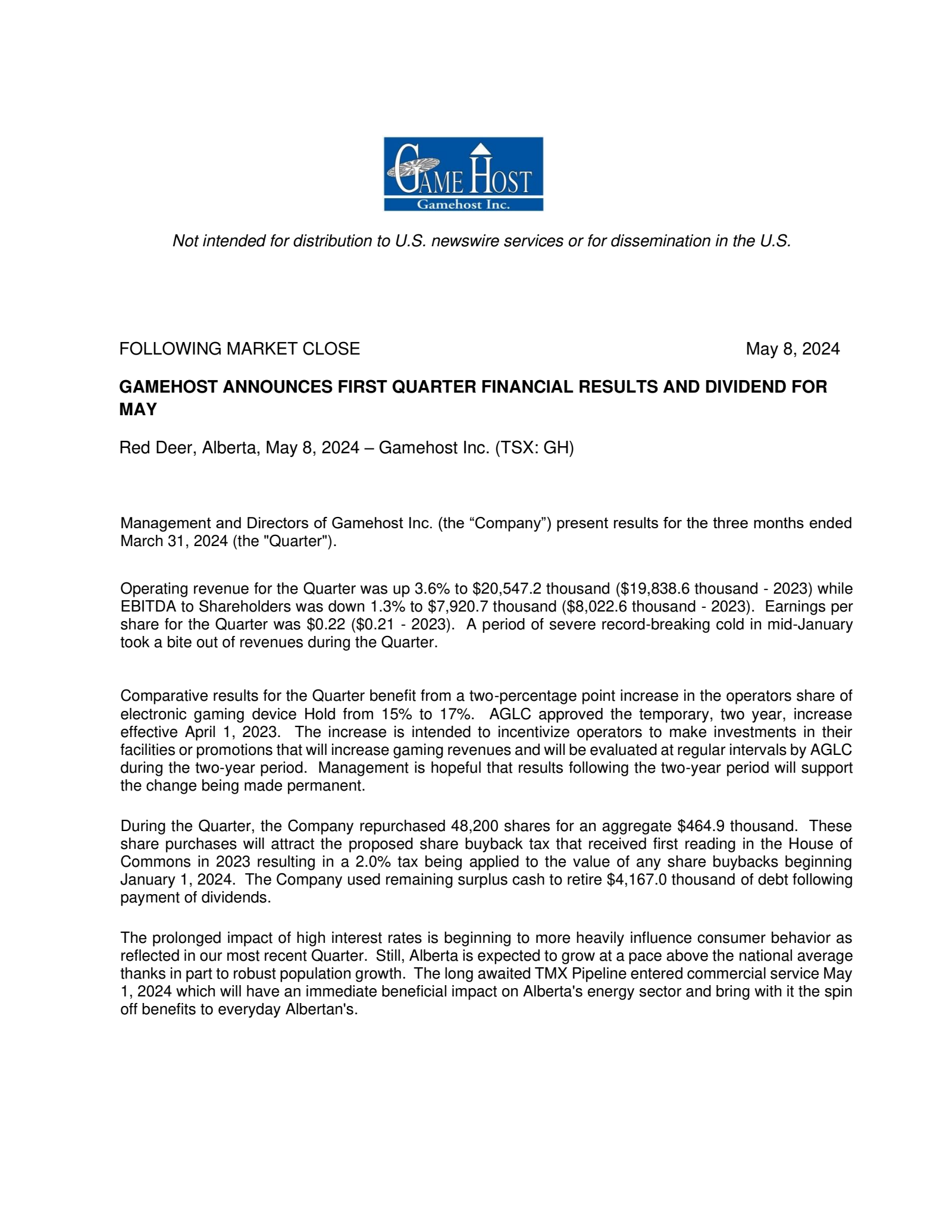 Gamehost's Q1 2024 Press Release