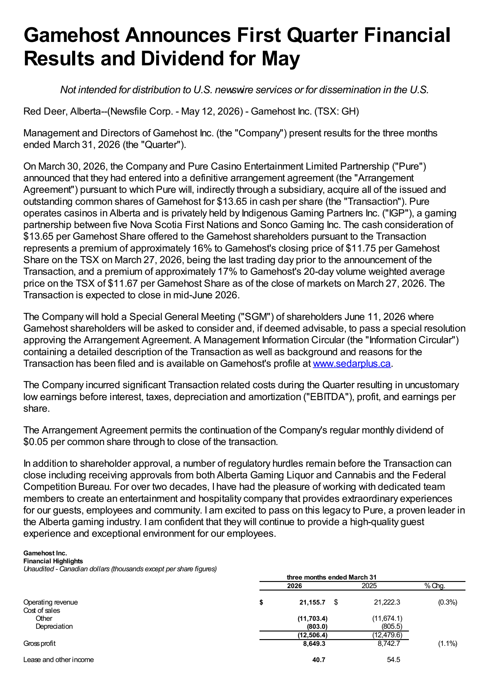 Gamehost's Q1 2026 Press Release