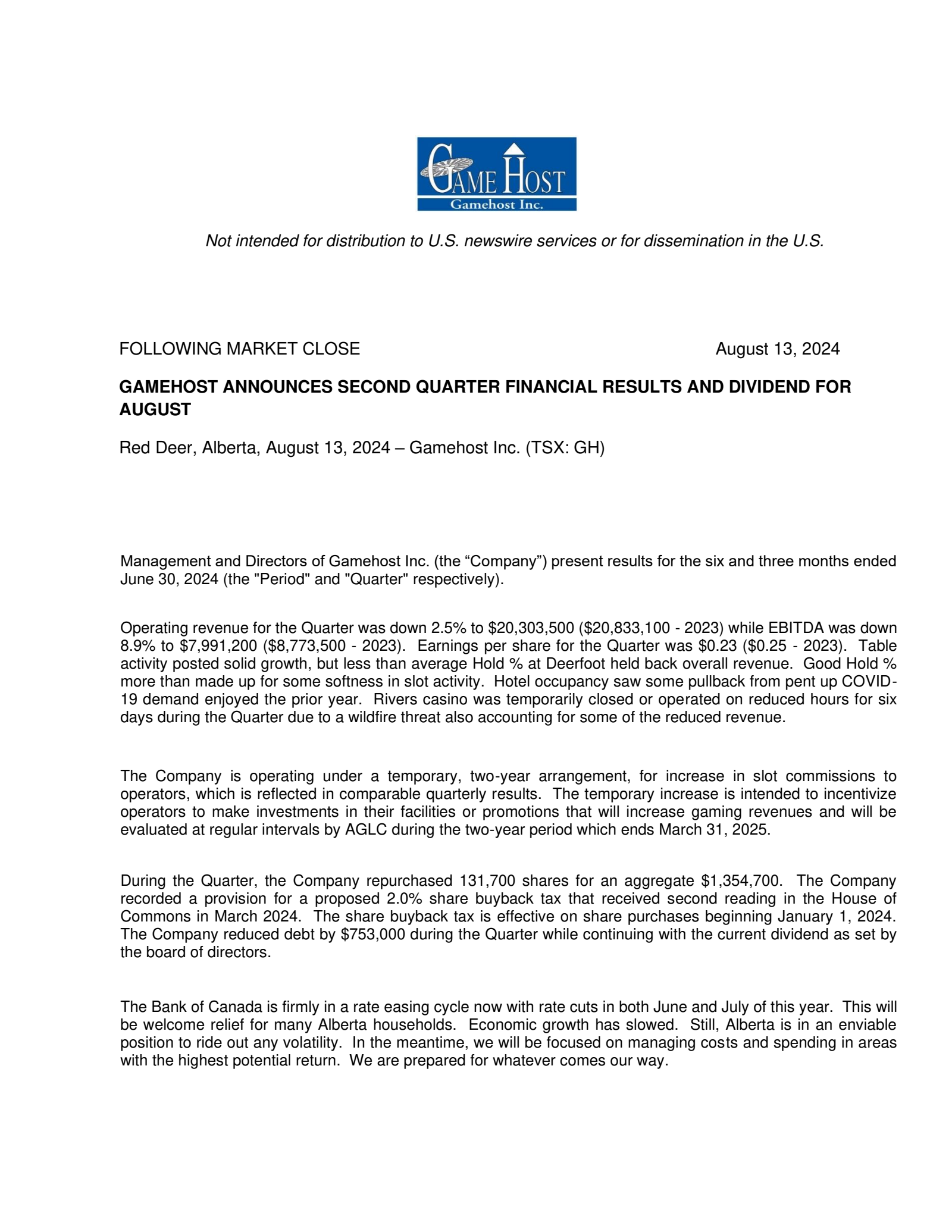 Gamehost's Q2 2024 Press Release