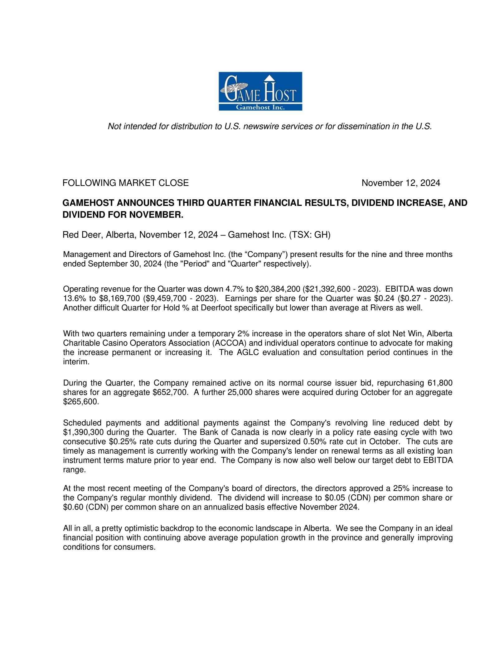 Gamehost's Q3 2024 Press Release