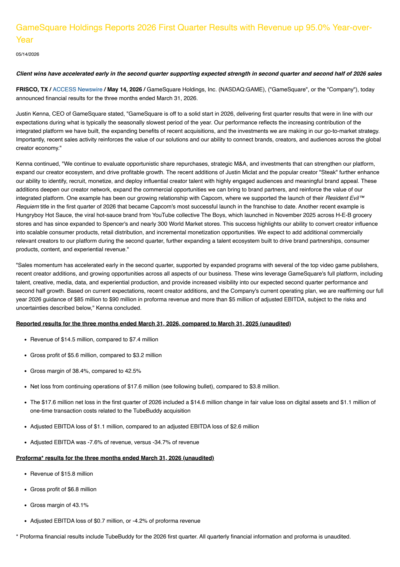 GameSquare's Q1 2026 Press Release