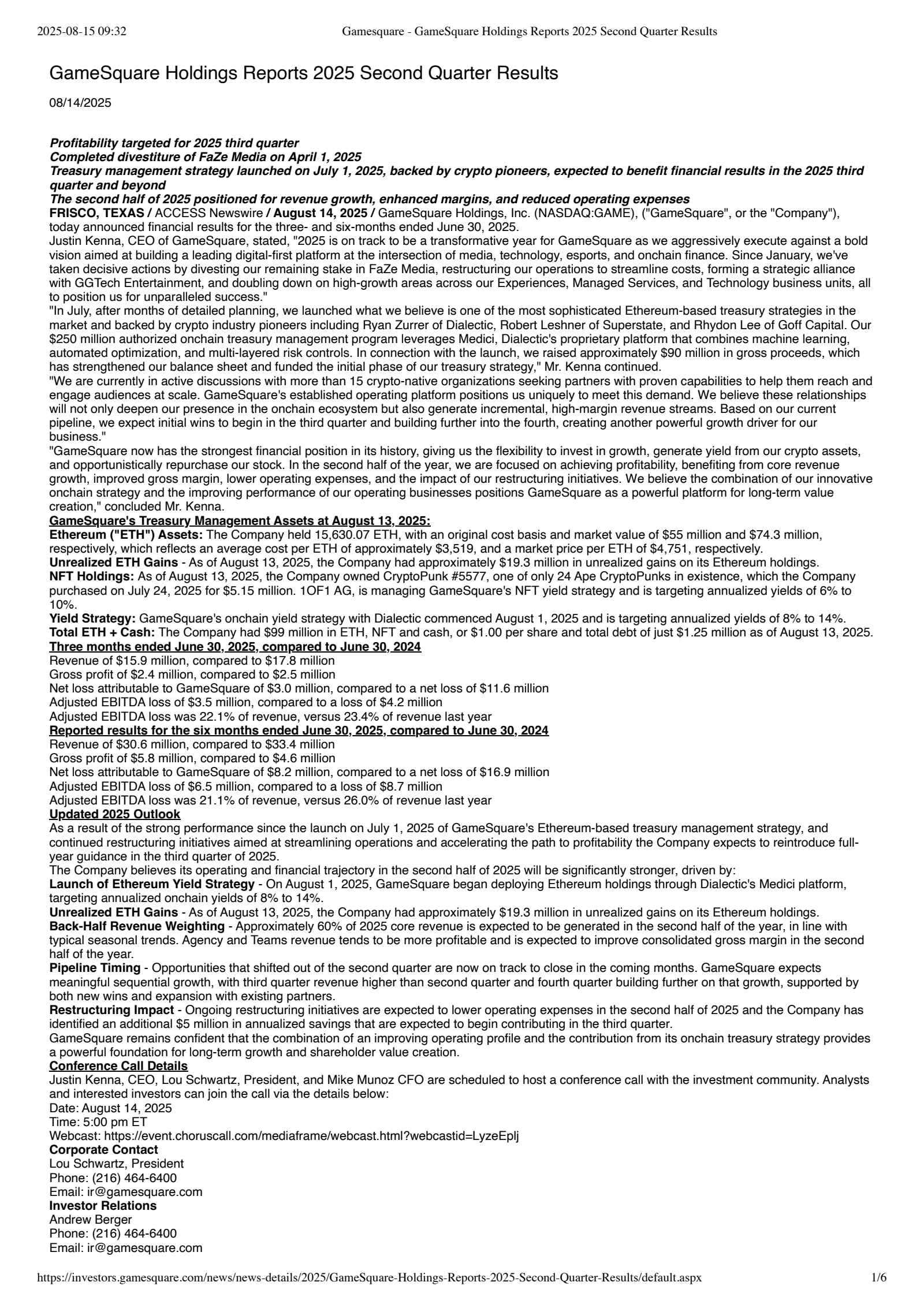 GameSquare's Q2 2025 Press Release