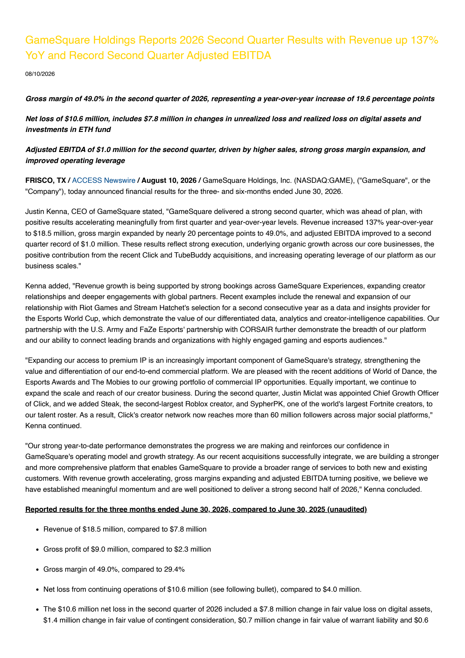 GameSquare's Q2 2026 Press Release