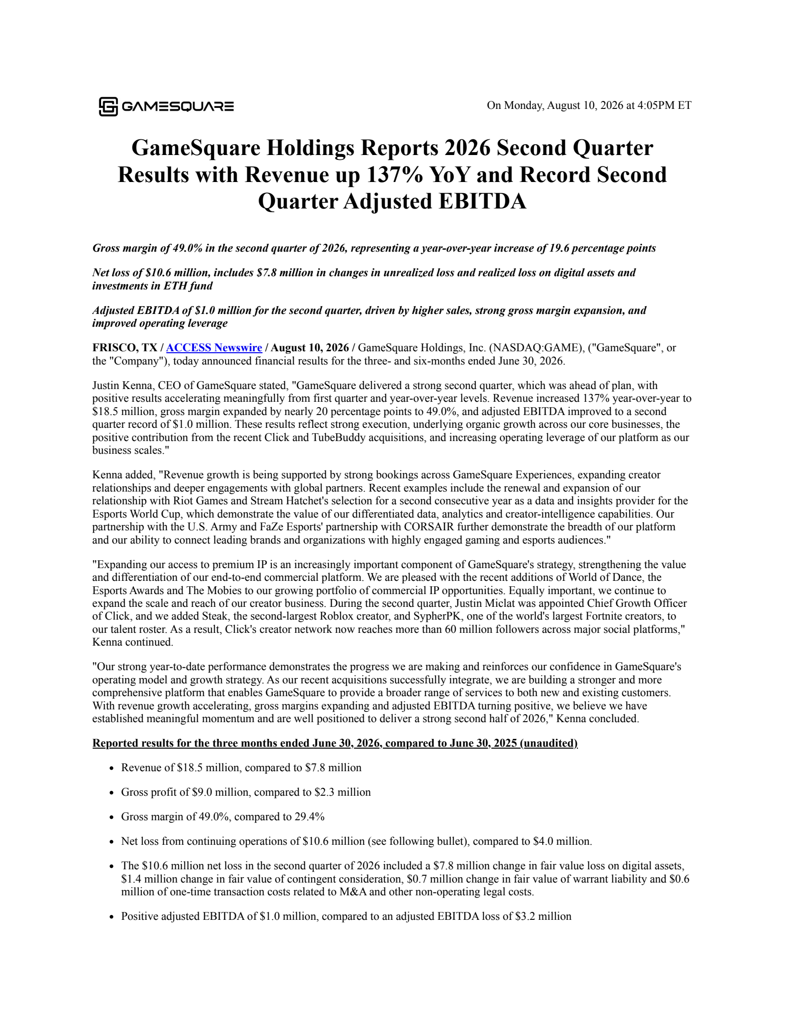 GameSquare's Q2 2026 Press Release