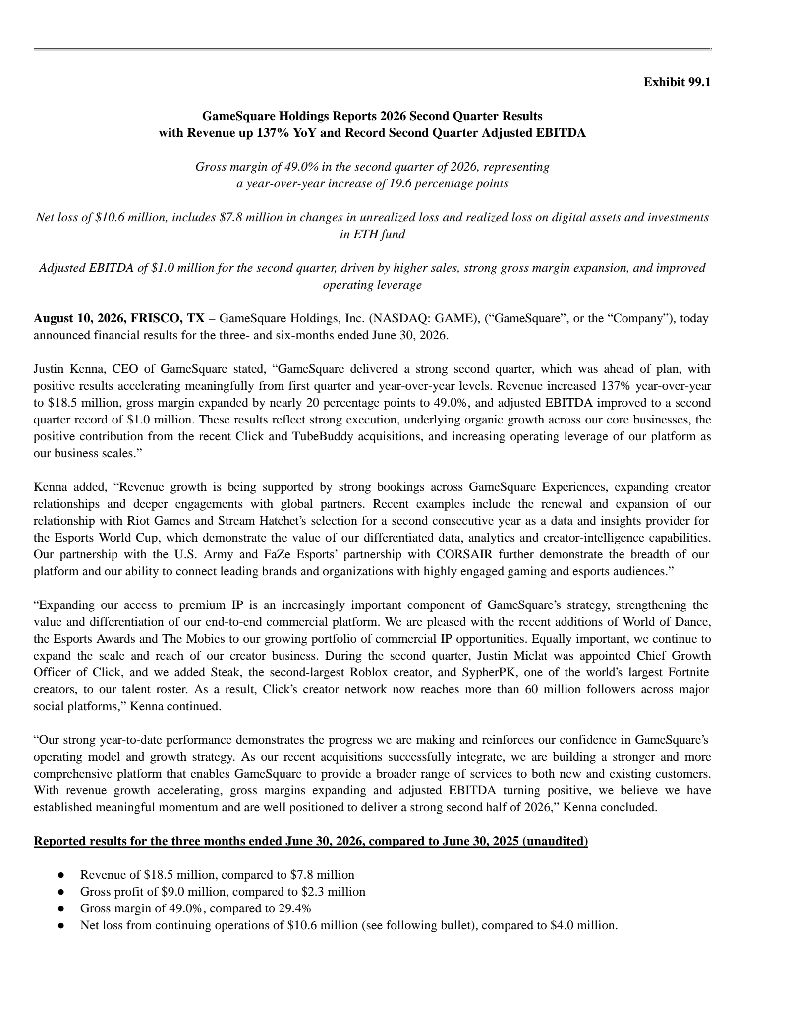 GameSquare's Q2 2026 Press Release