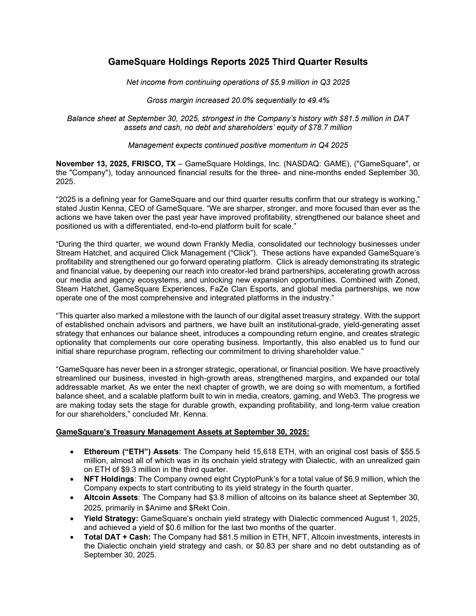 GameSquare's Q3 2025 Earnings Release
