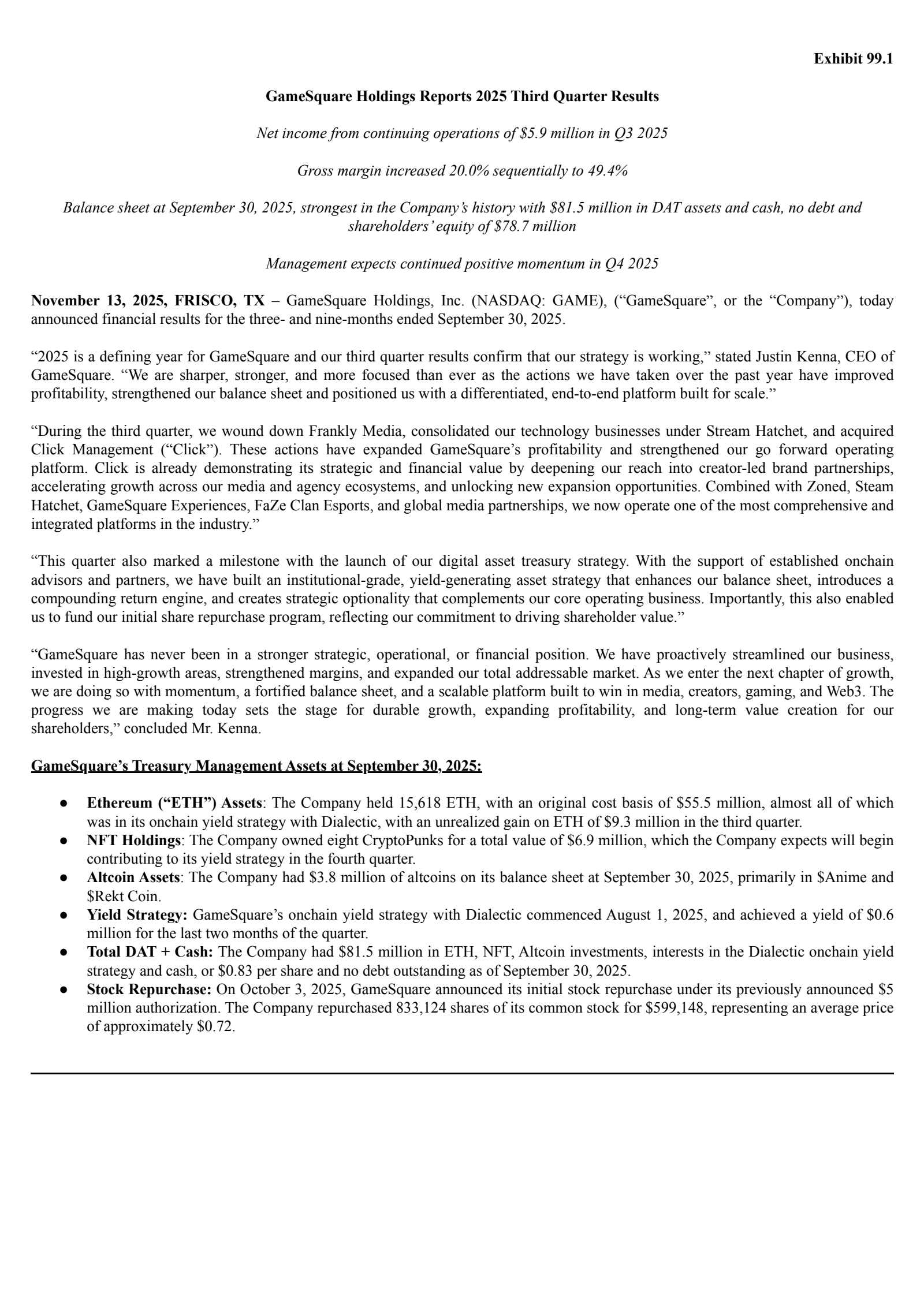 GameSquare's Q3 2025 Earnings Release