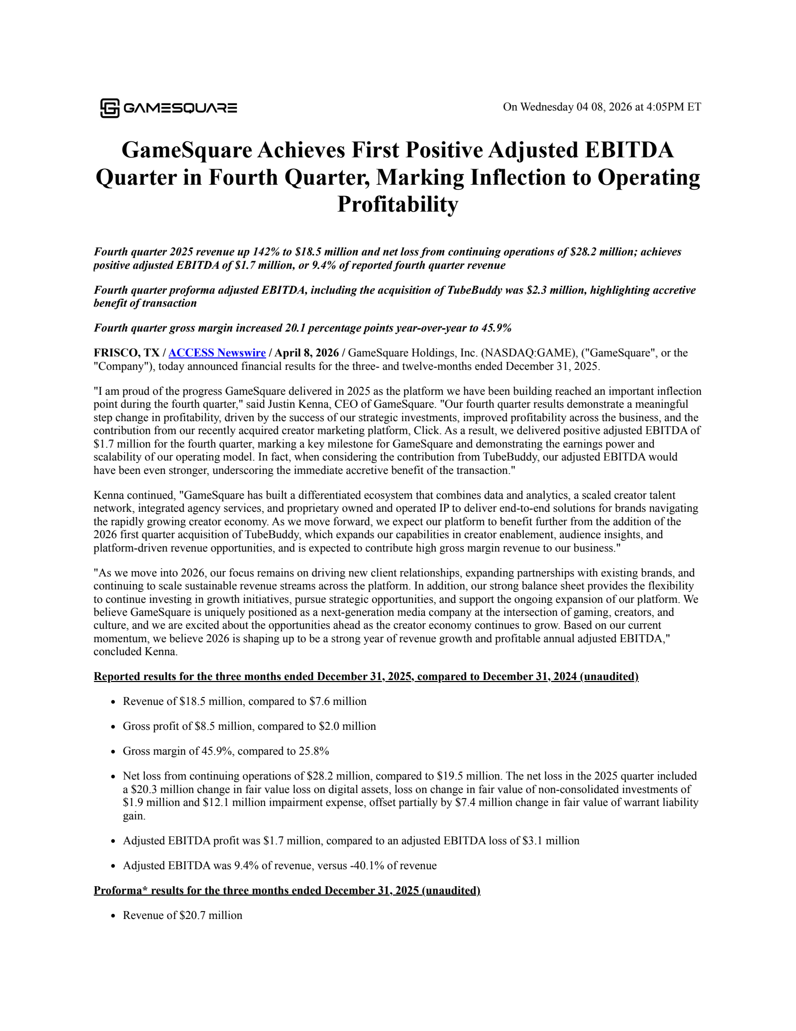 GameSquare's Q4 2025 Press Release