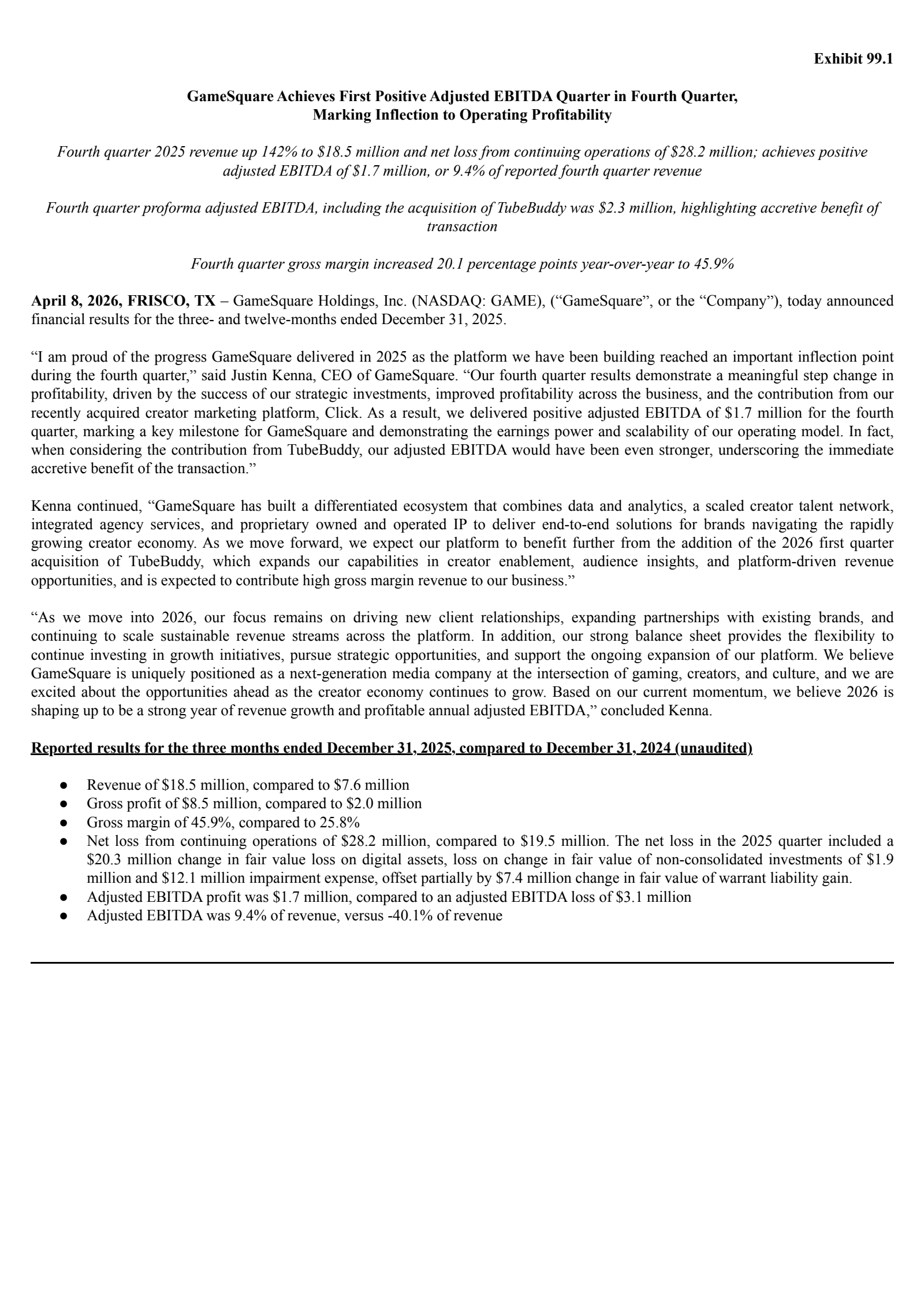 GameSquare's Q4 2025 Press Release