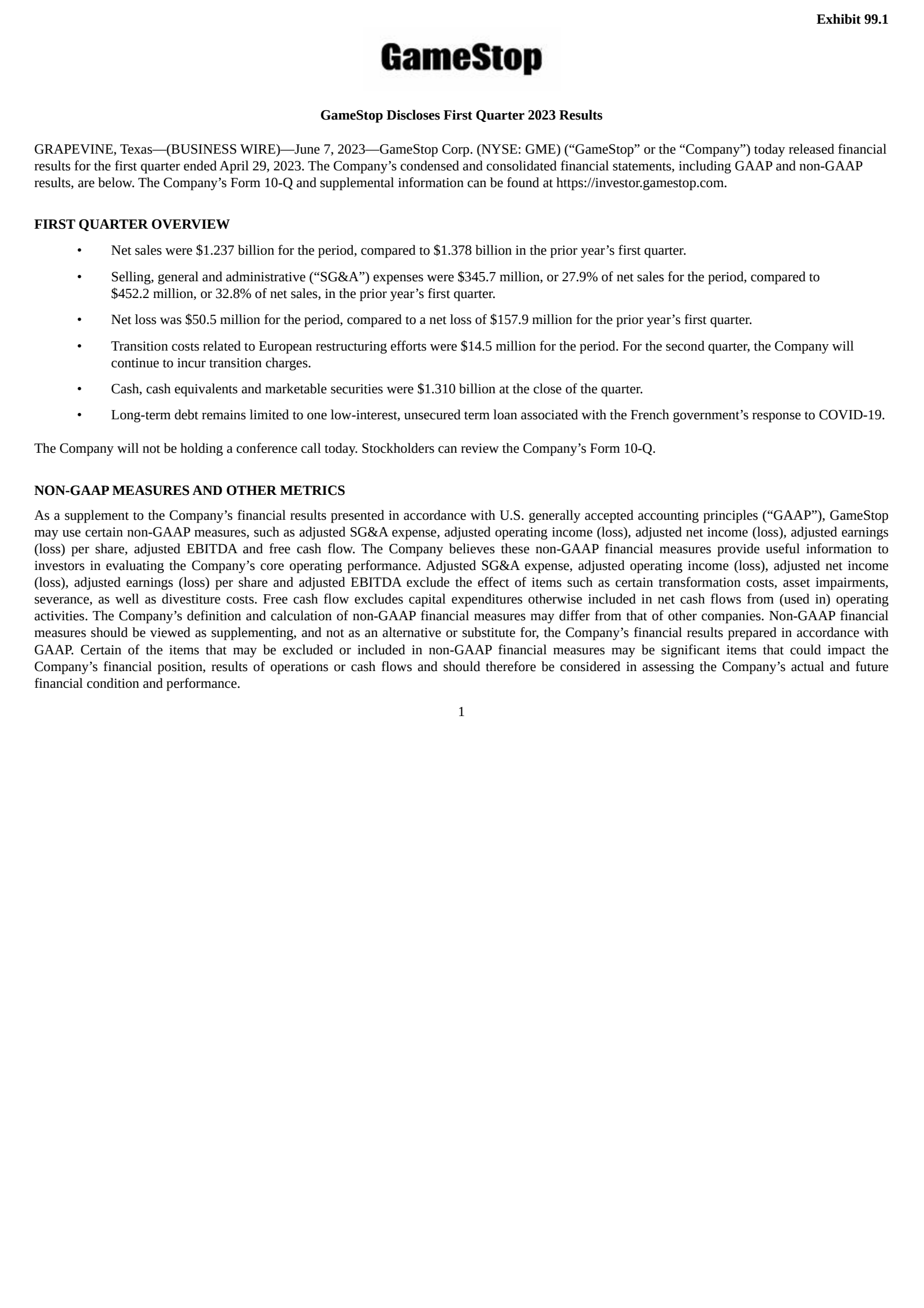 GameStop's Q1 2023 Press Release