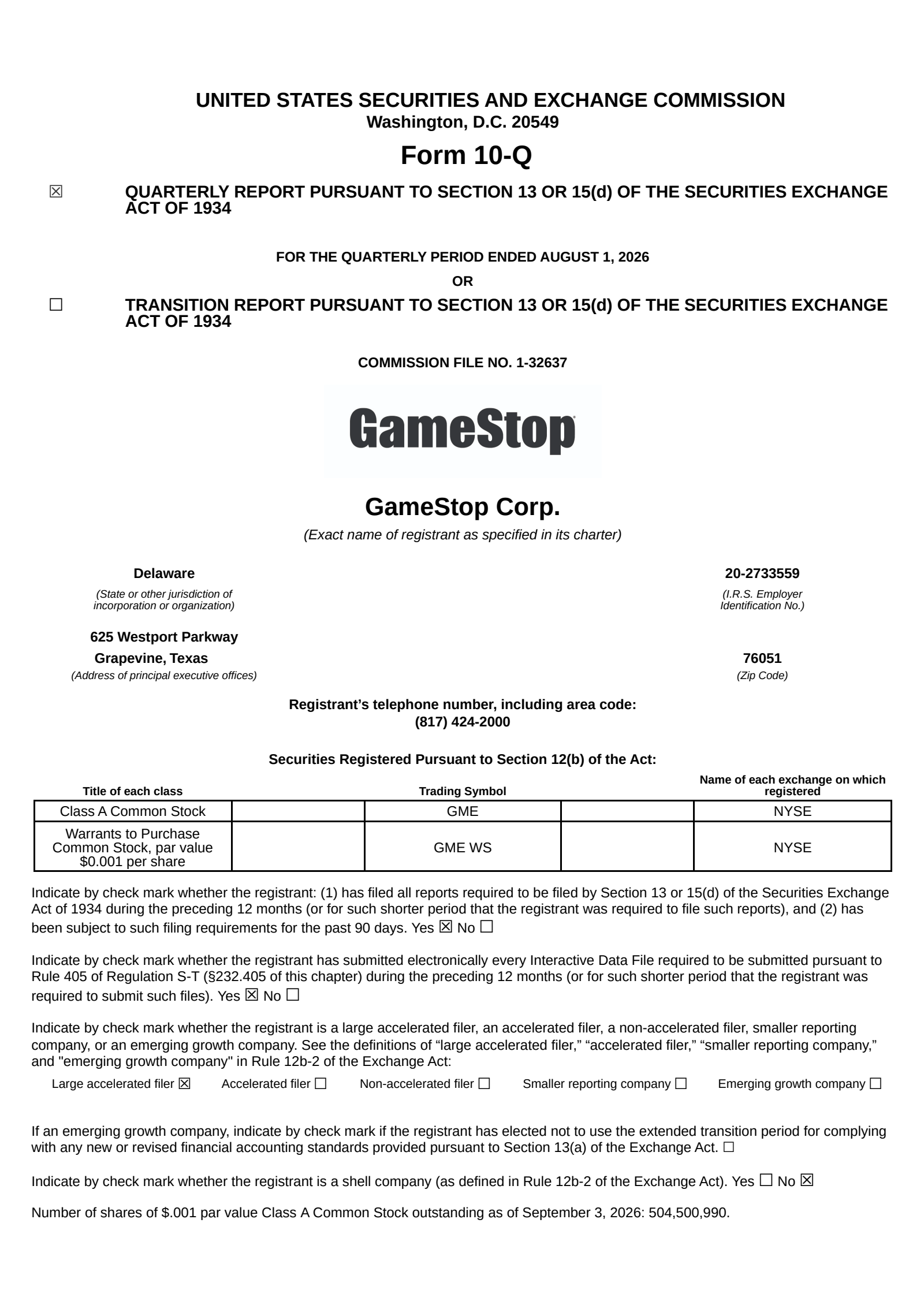 GameStop's Q2 2026 Quarterly report
