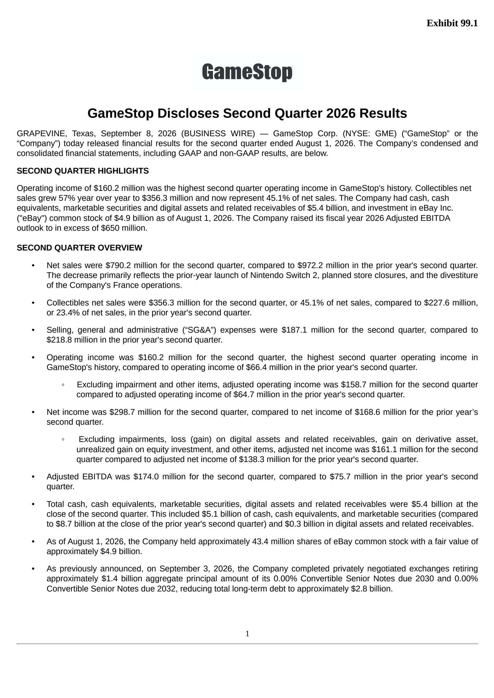 GameStop's Q2 2026 Press Release