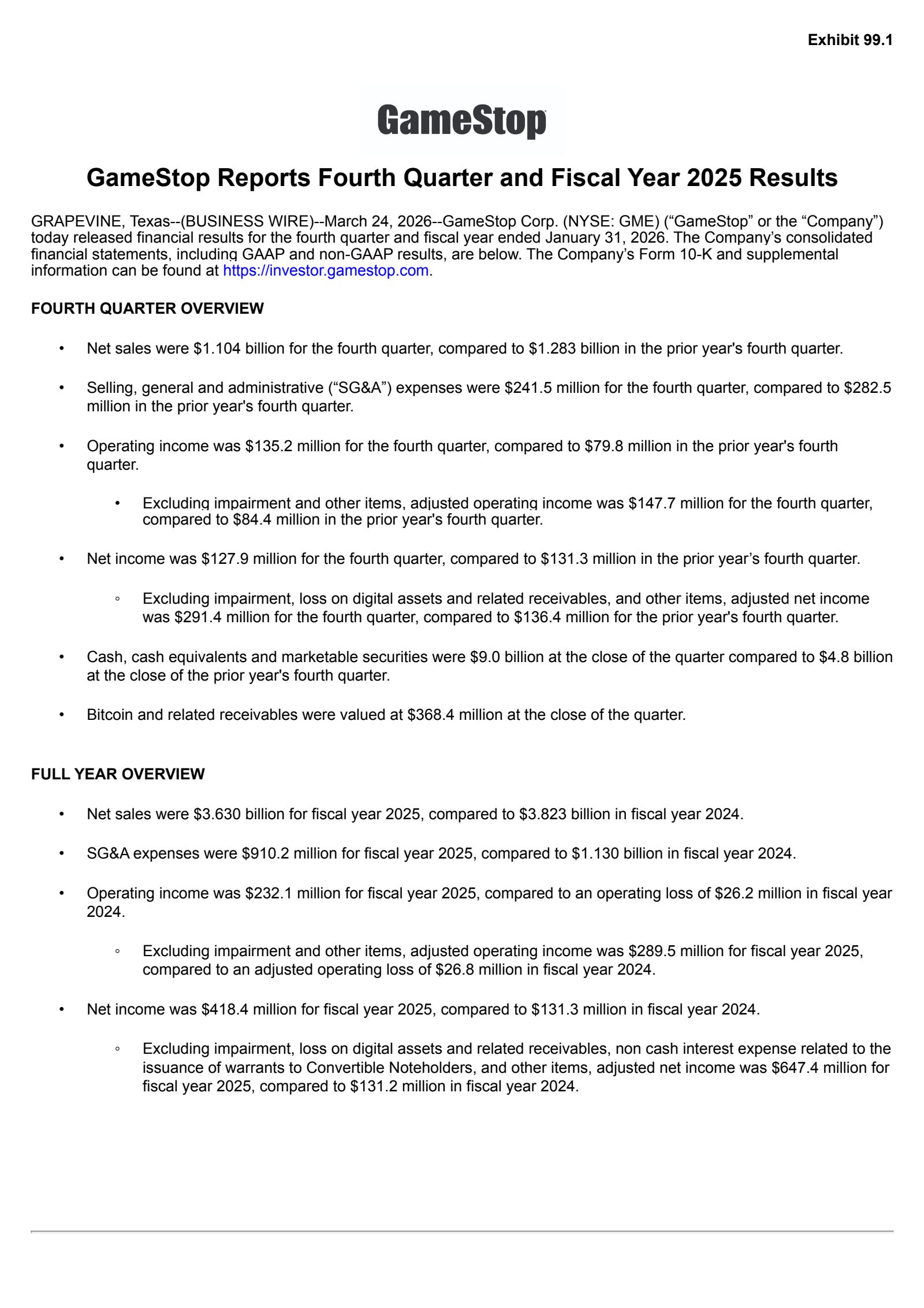 GameStop's Q4 2025 Press Release