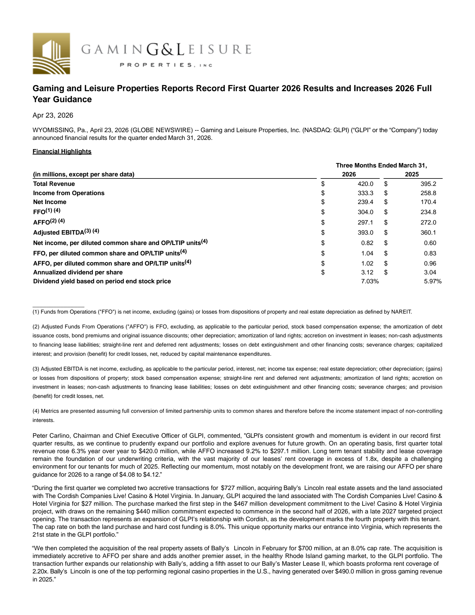 Gaming and Leisure Properties' Q1 2026 Press Release