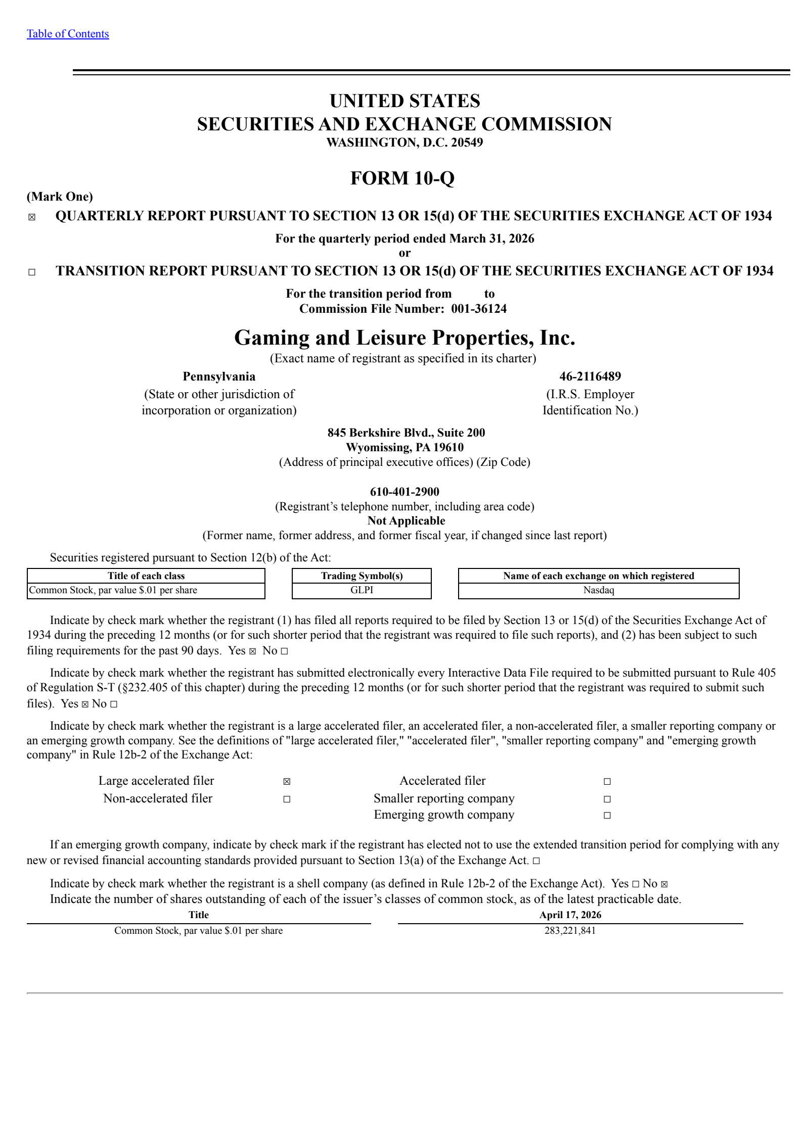 Gaming and Leisure Properties' Q1 2026 Quarterly report