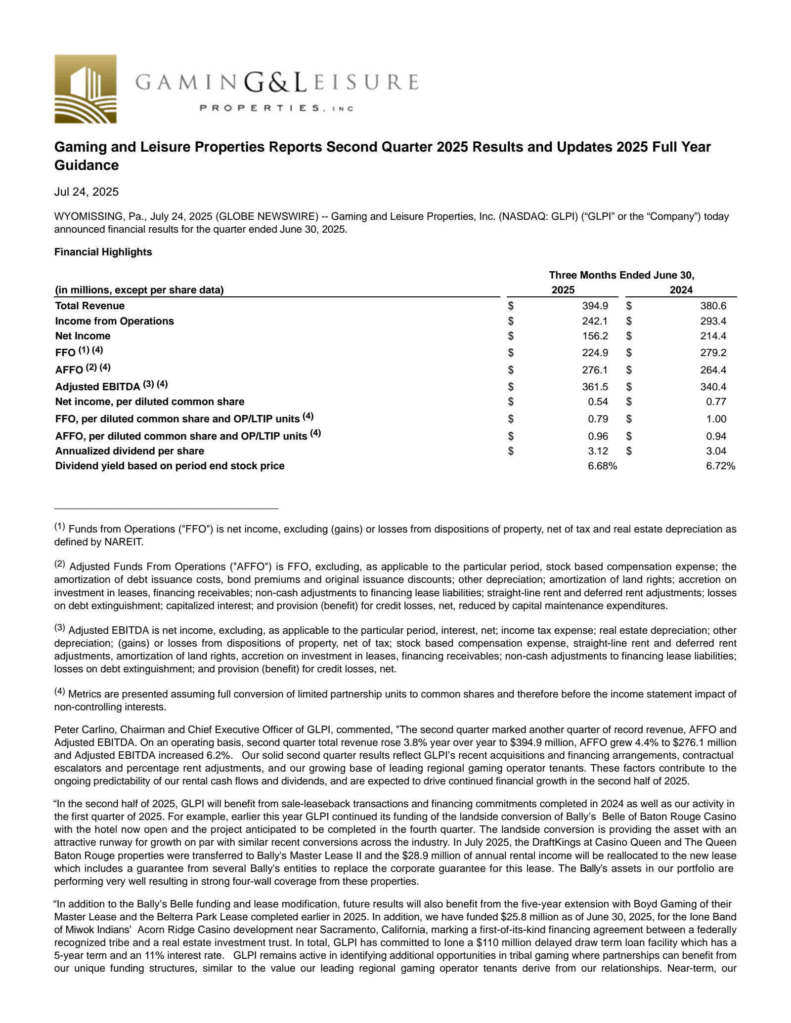 Gaming and Leisure Properties' Q2 2025 Press Release