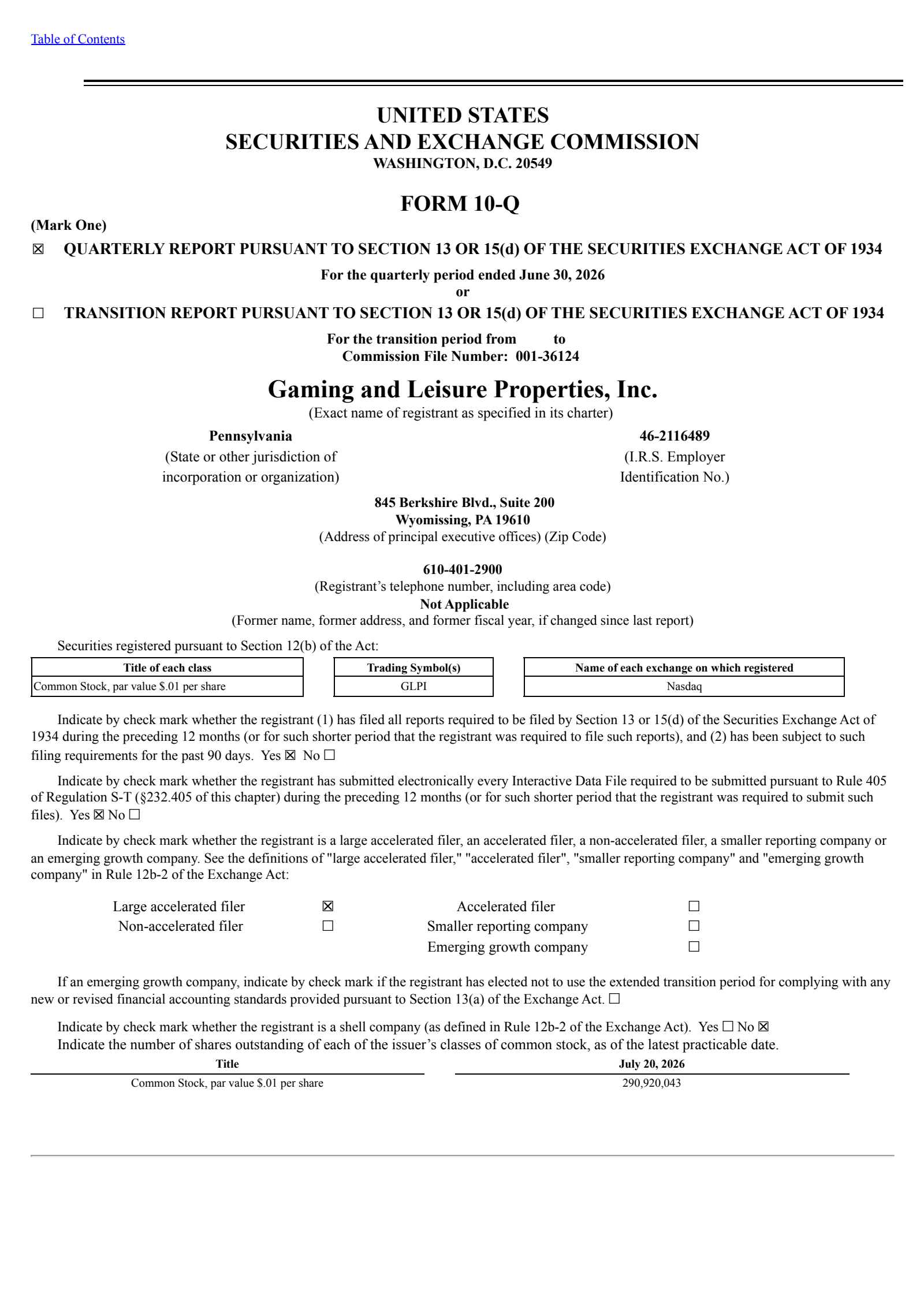 Gaming and Leisure Properties' Q2 2026 Quarterly report