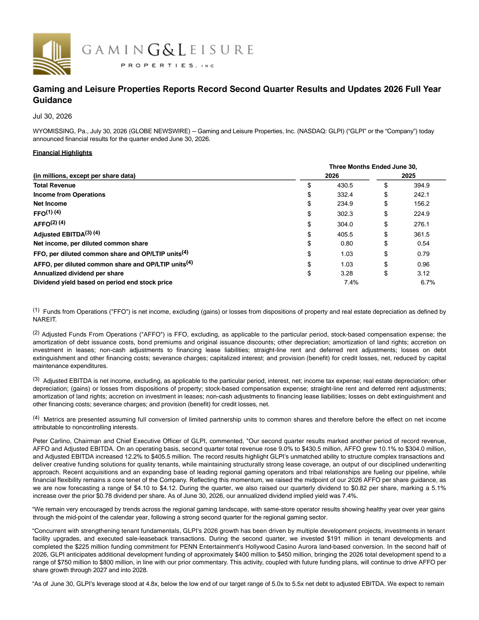 Gaming and Leisure Properties' Q2 2026 Press Release