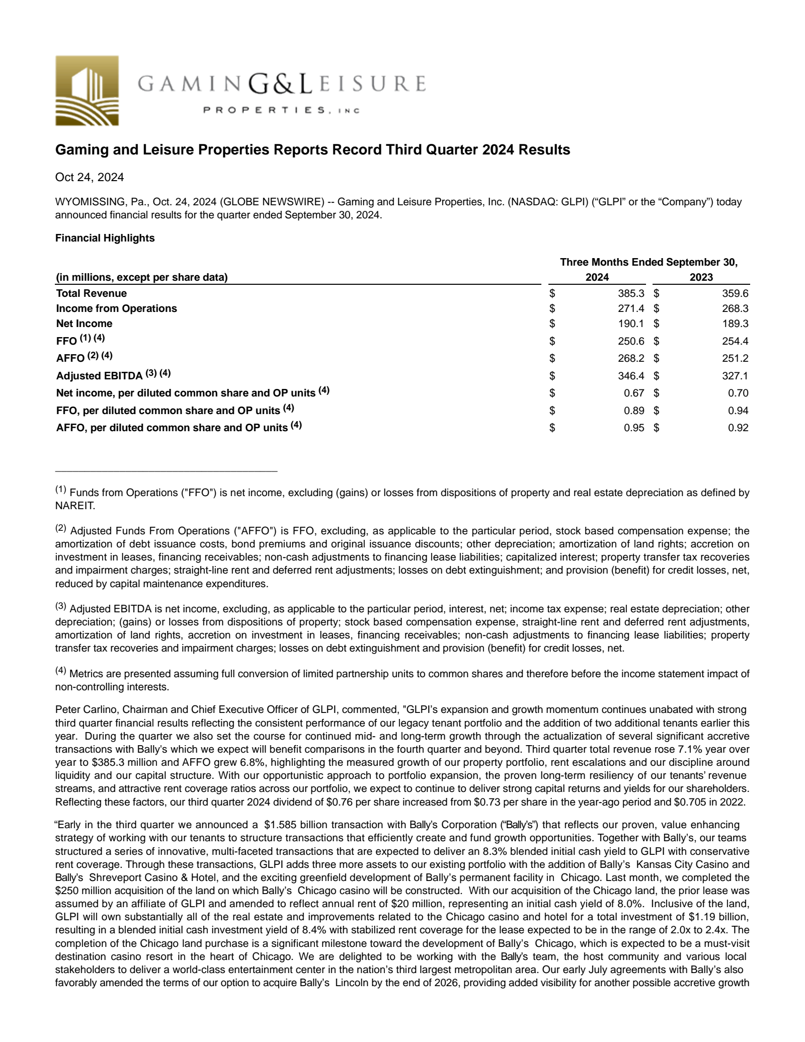 Gaming and Leisure Properties' Q3 2024 Press Release