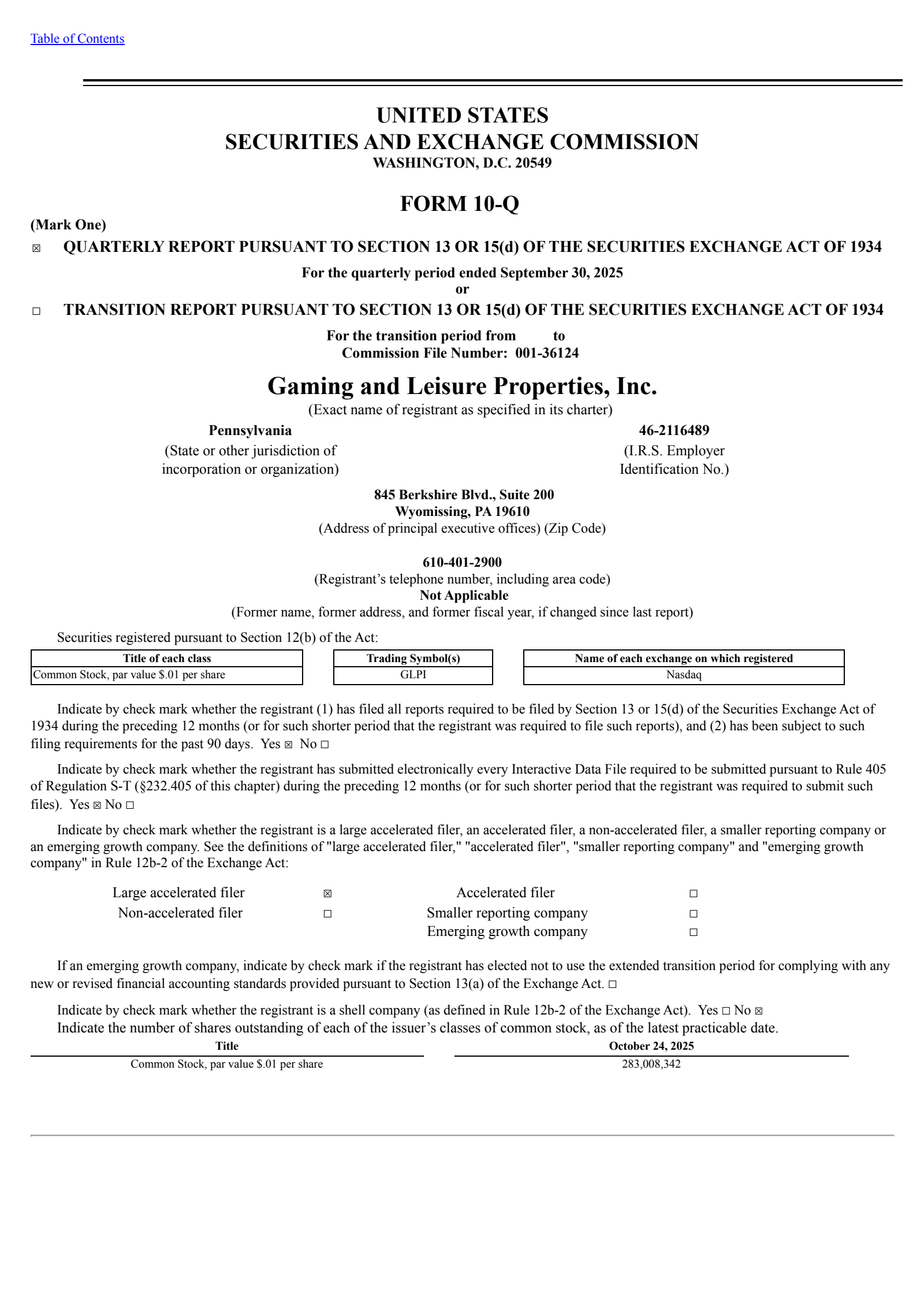 Gaming and Leisure Properties' Q3 2025 Quarterly Report