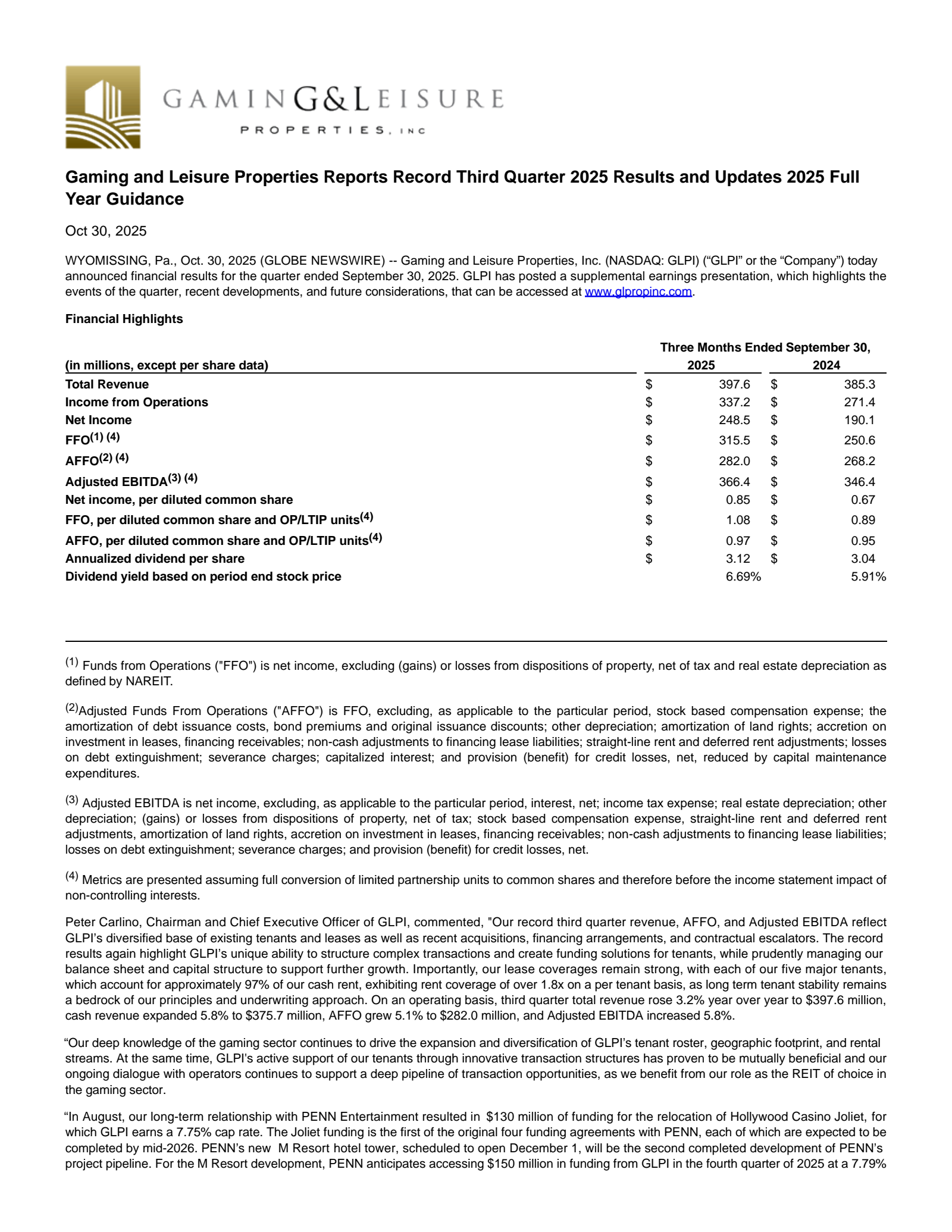 Gaming and Leisure Properties' Q3 2025 Earnings Release
