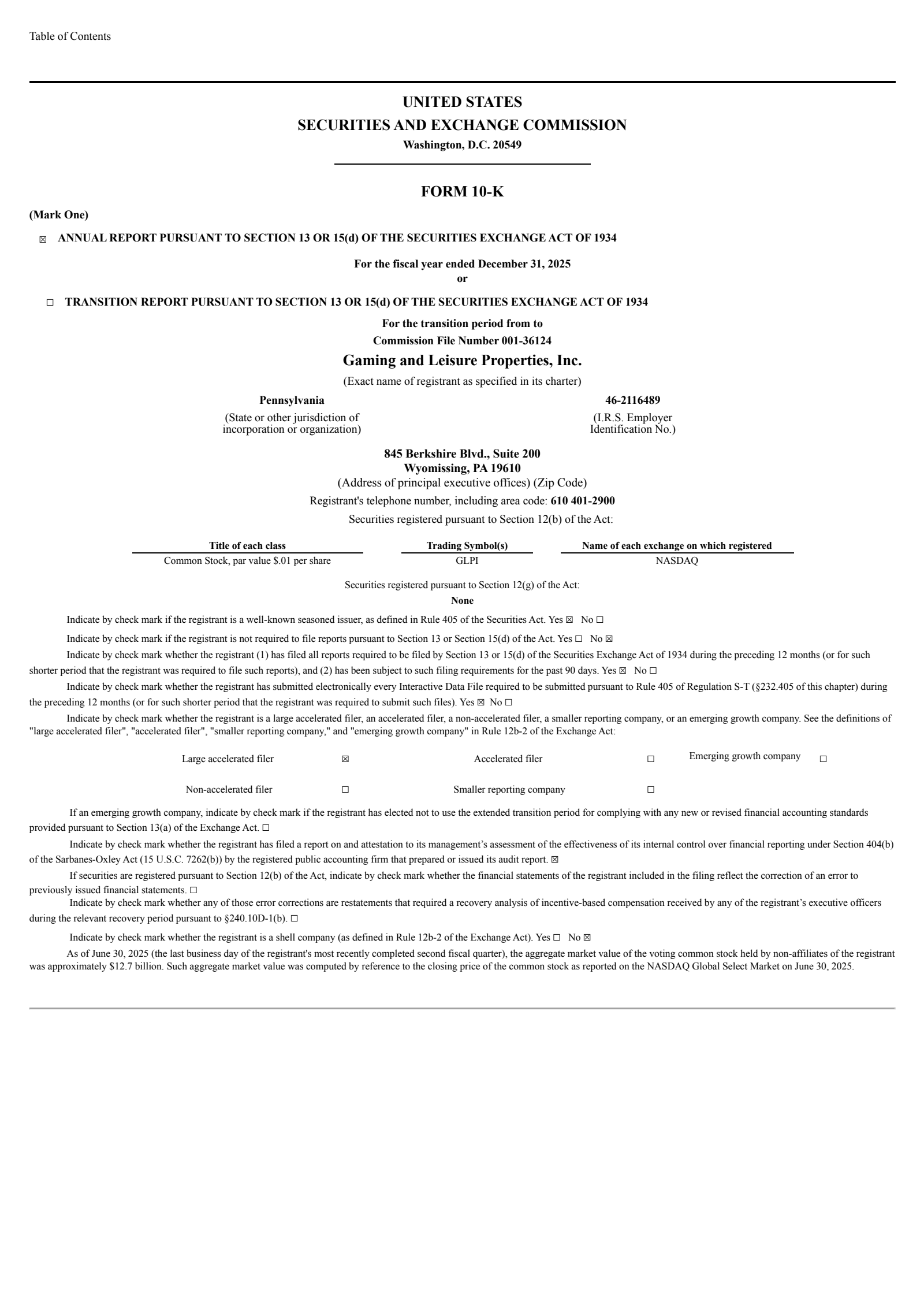 Gaming and Leisure Properties' Q4 2025 Annual report