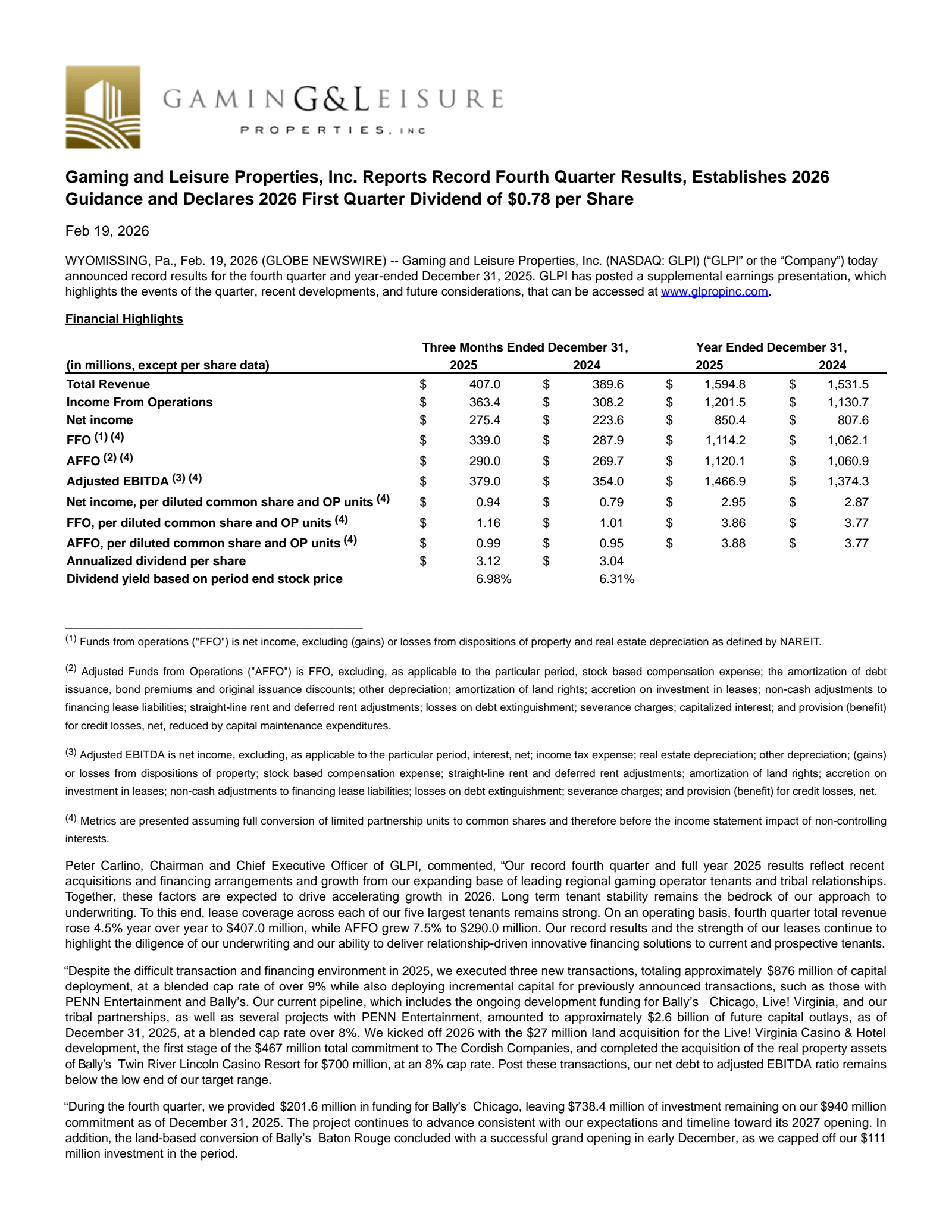 Gaming and Leisure Properties' Q4 2025 Press Release