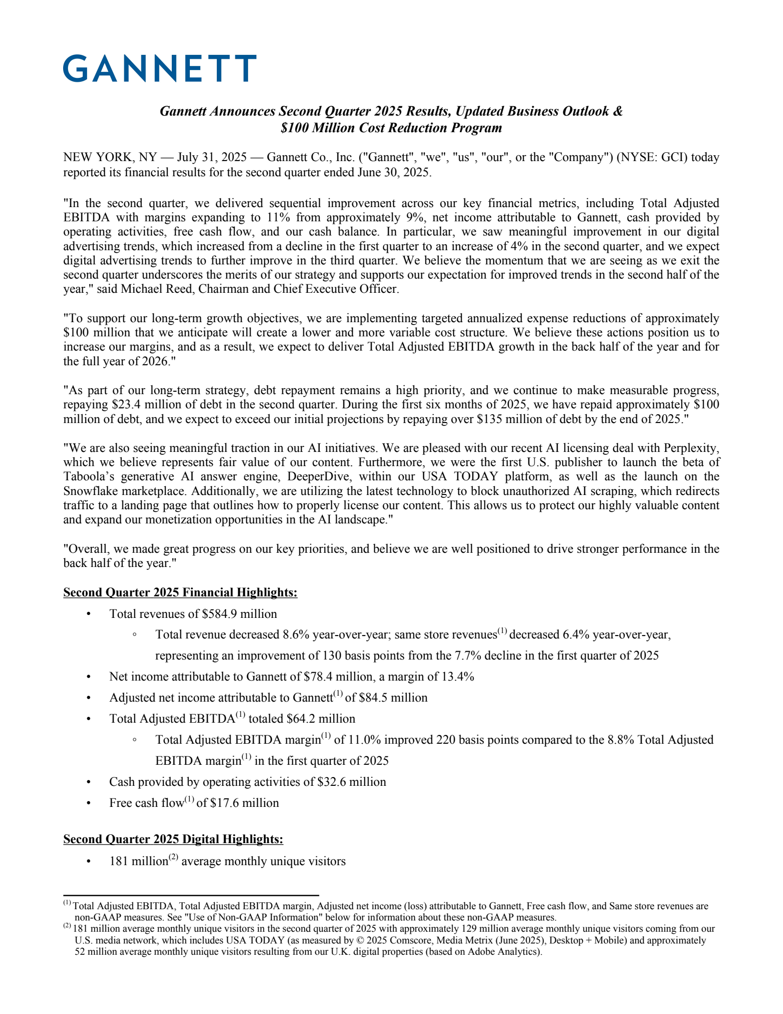 Gannett's Q2 2025 Press Release