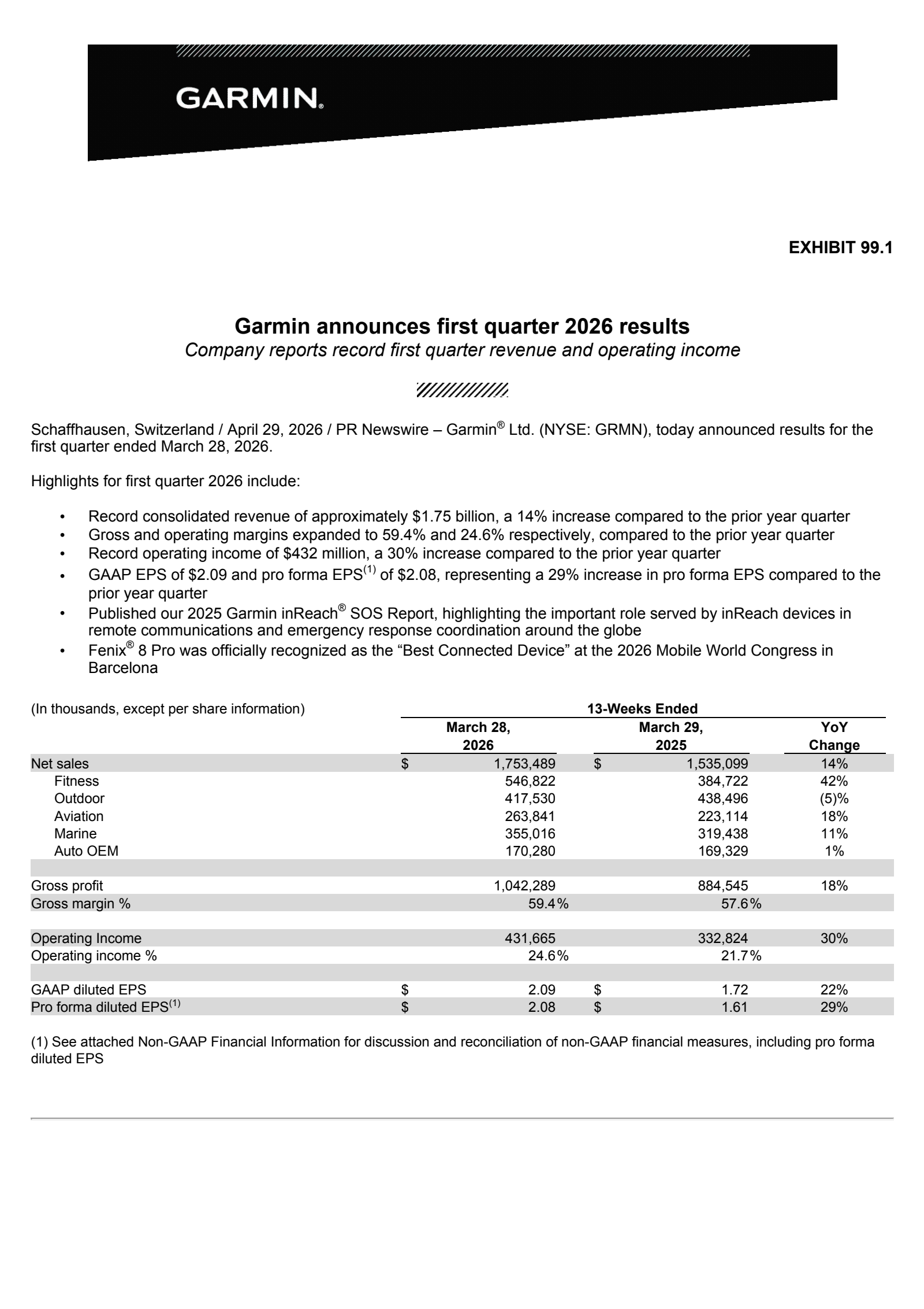 Garmin's Q1 2026 Press Release