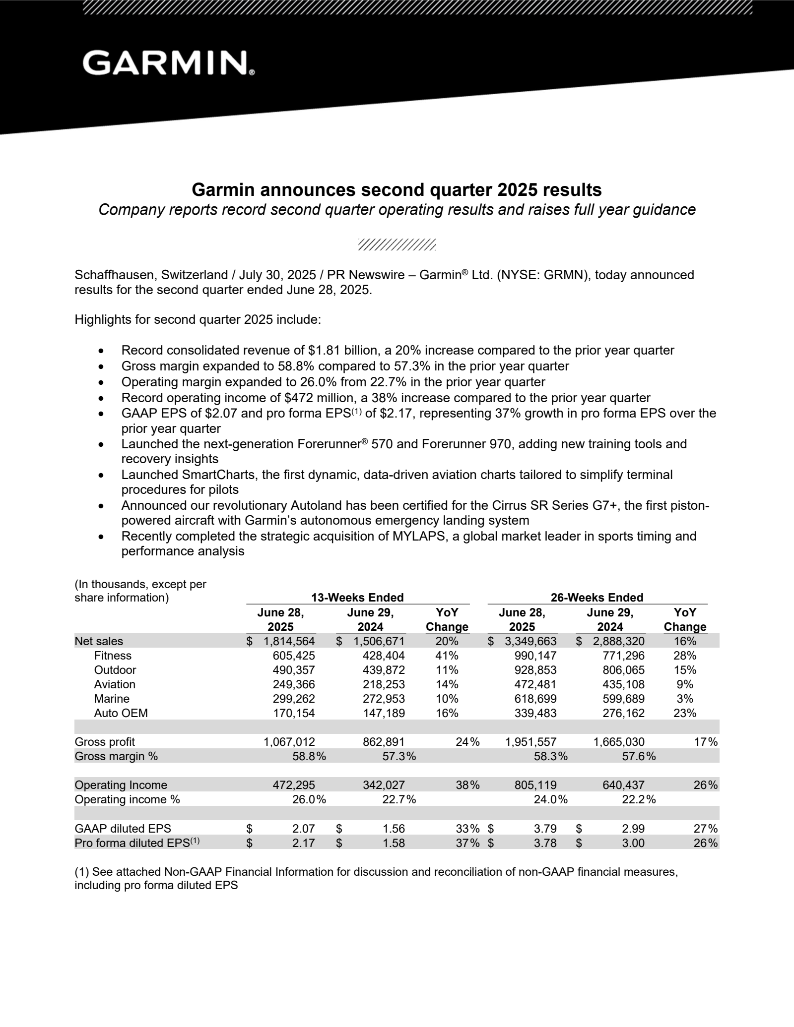 Garmin's Q2 2025 Press Release