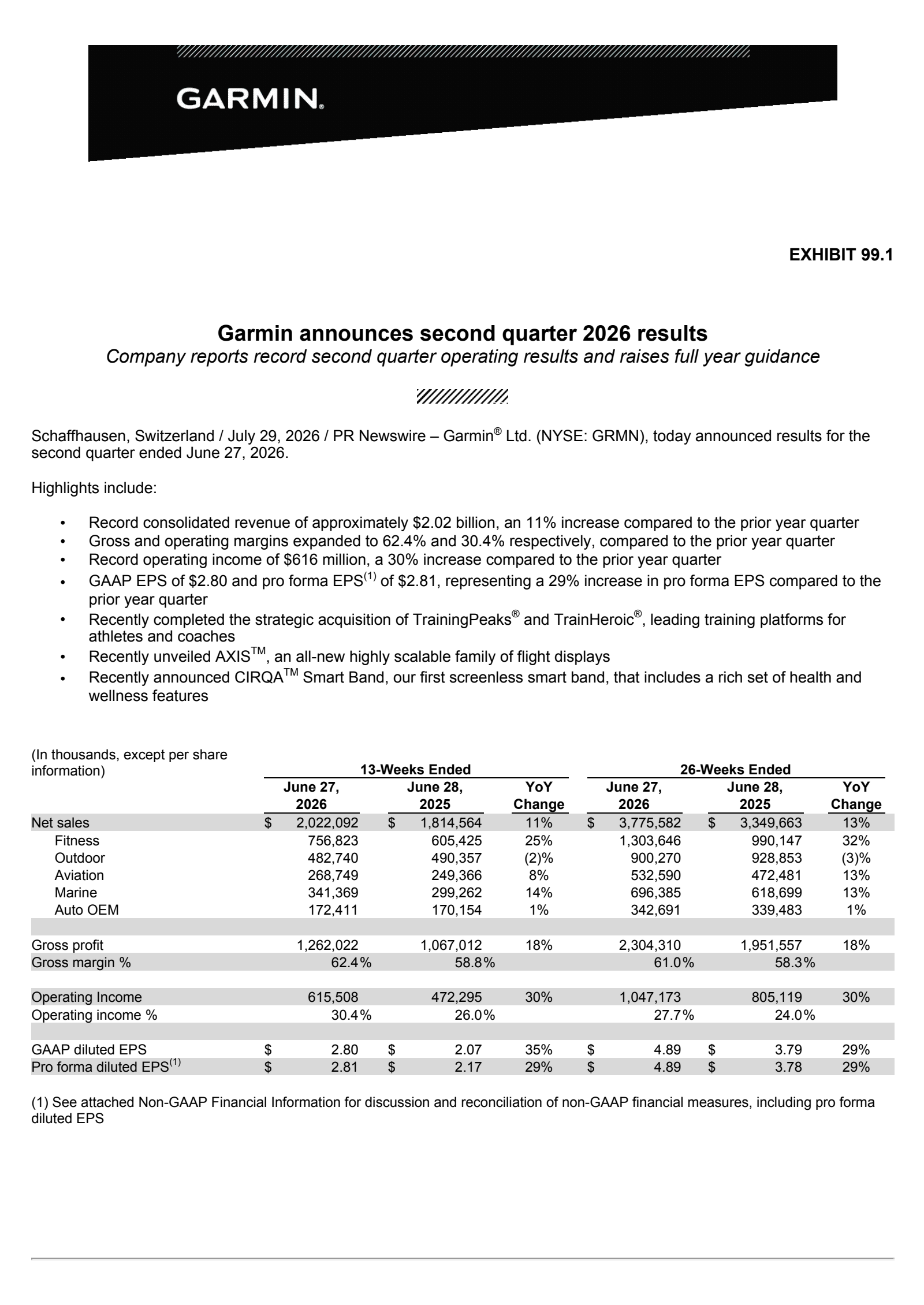 Garmin's Q2 2026 Press Release