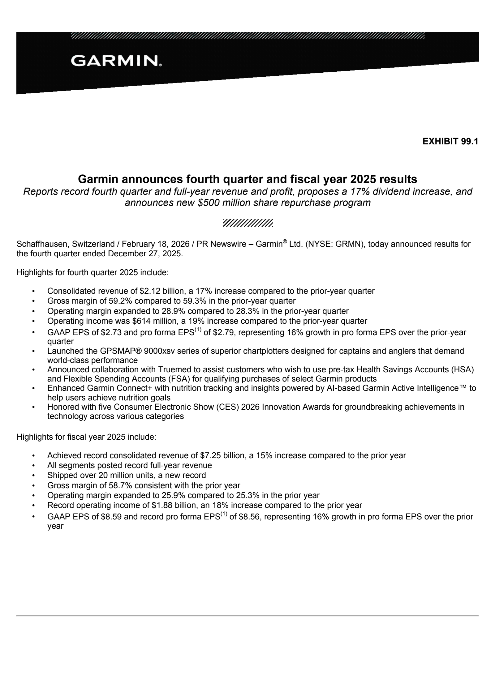 Garmin's Q4 2025 Press Release