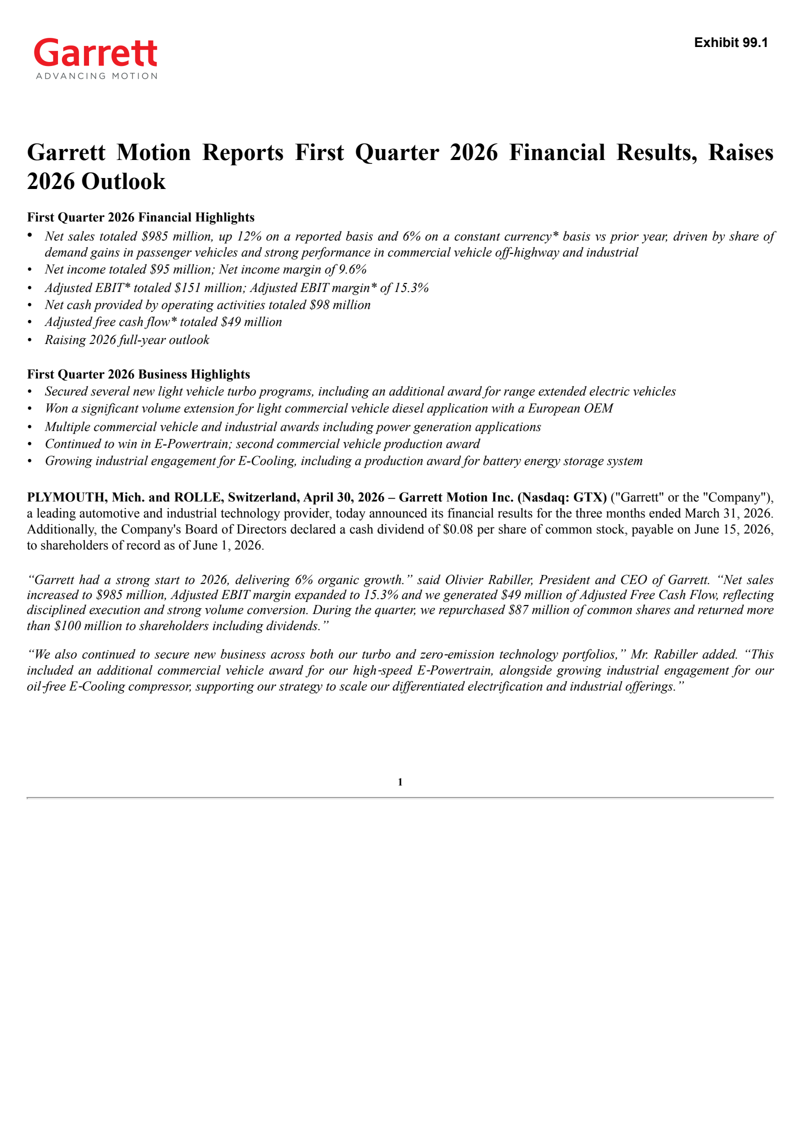 Garrett Motion's Q1 2026 Press Release