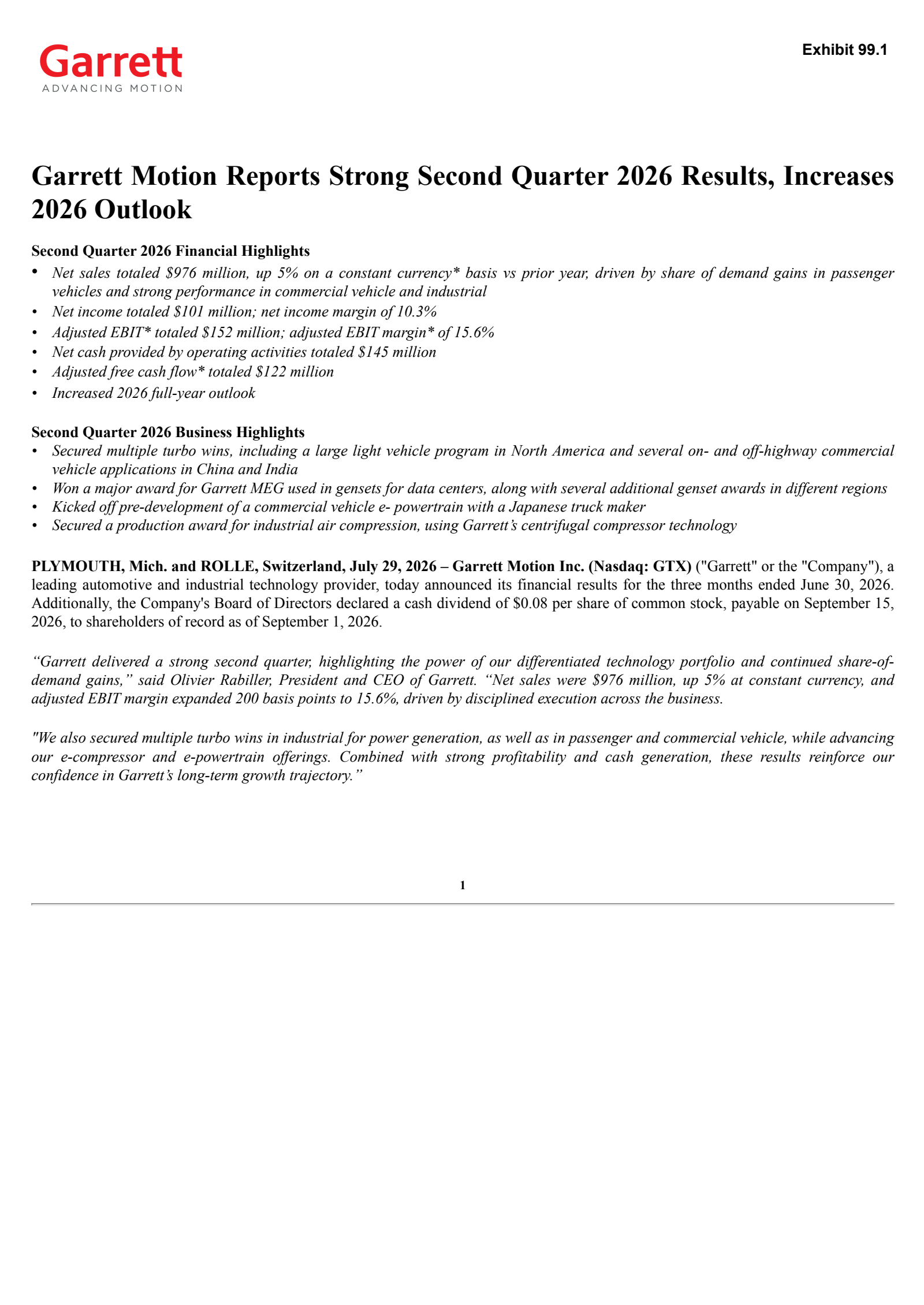 Garrett Motion's Q2 2026 Press Release