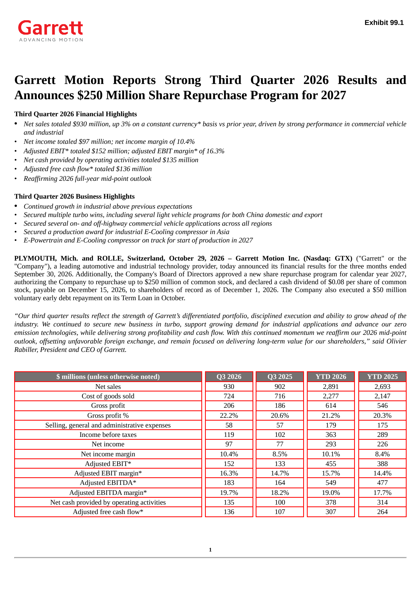Garrett Motion's Q3 2026 Press Release