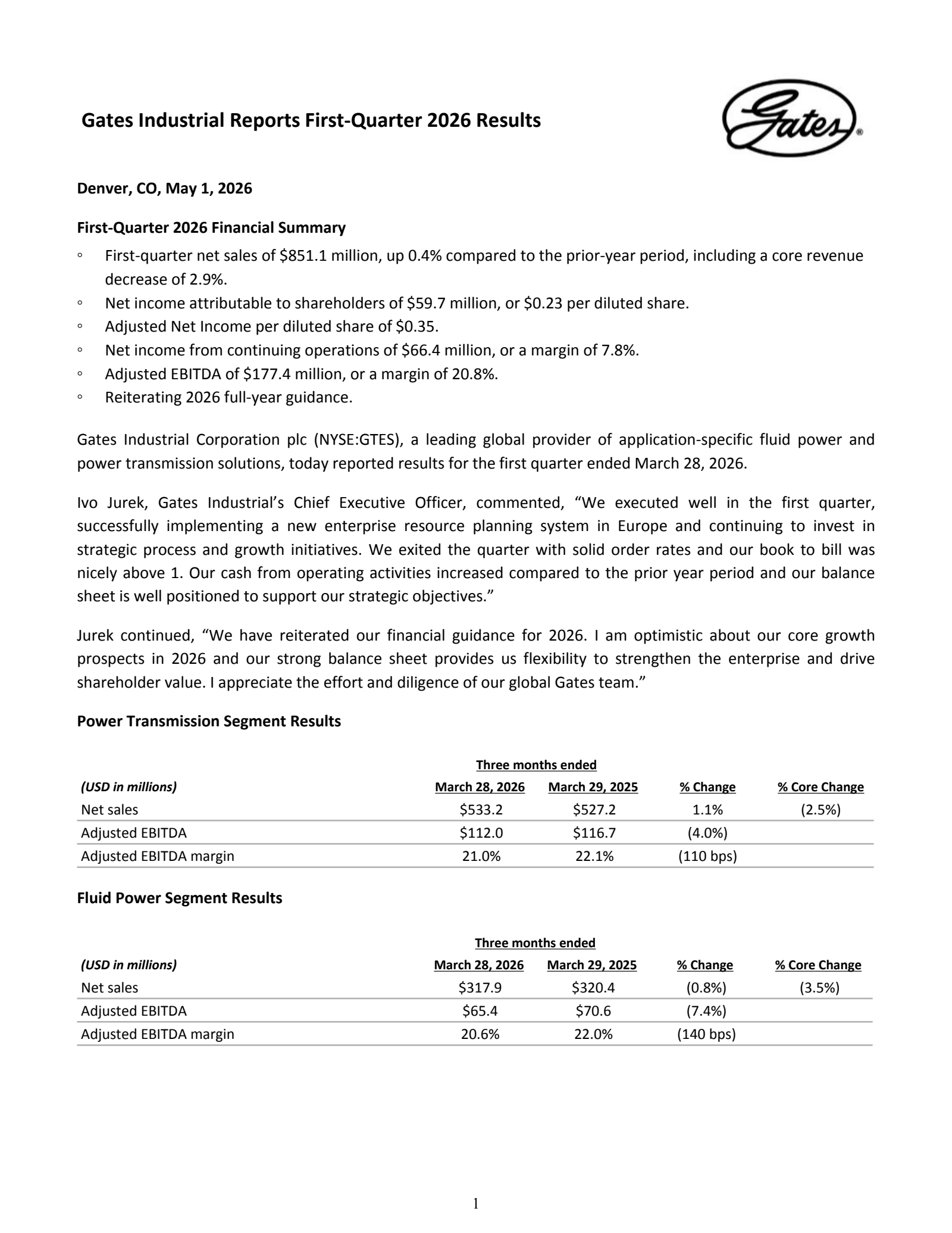 Gates Industrial's Q1 2026 Press Release