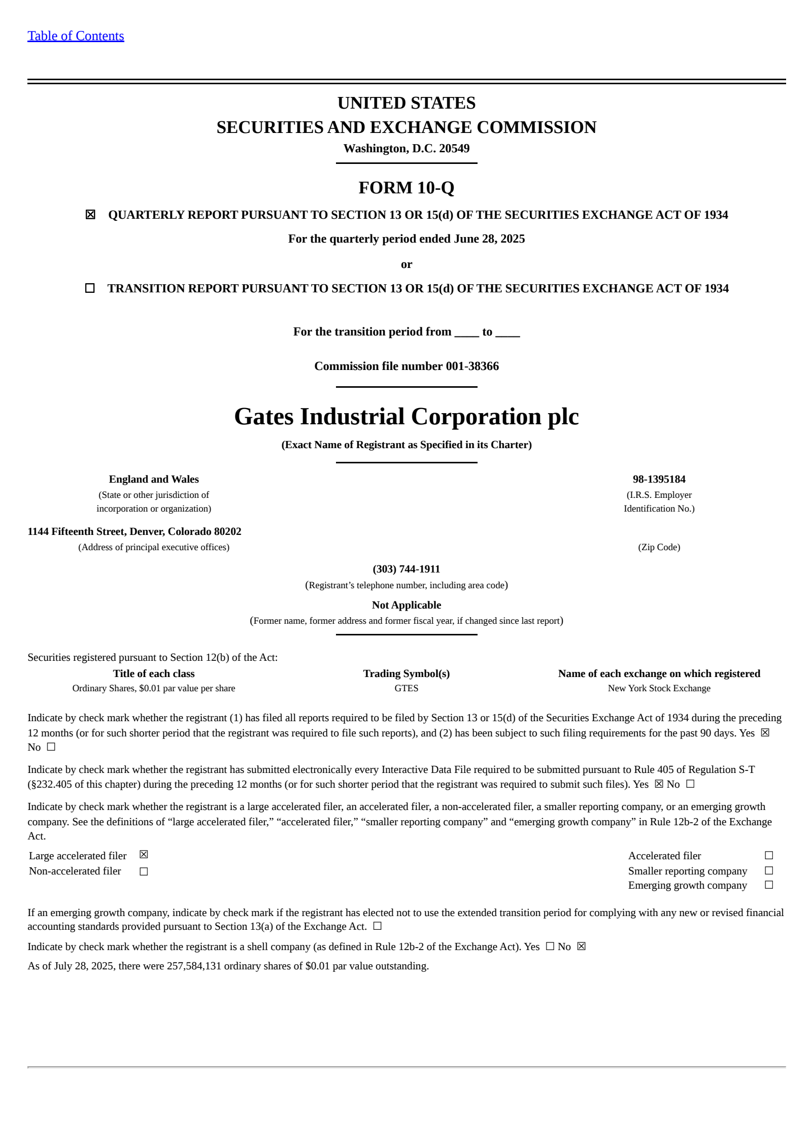 Gates Industrial's Q2 2025 Quarterly report