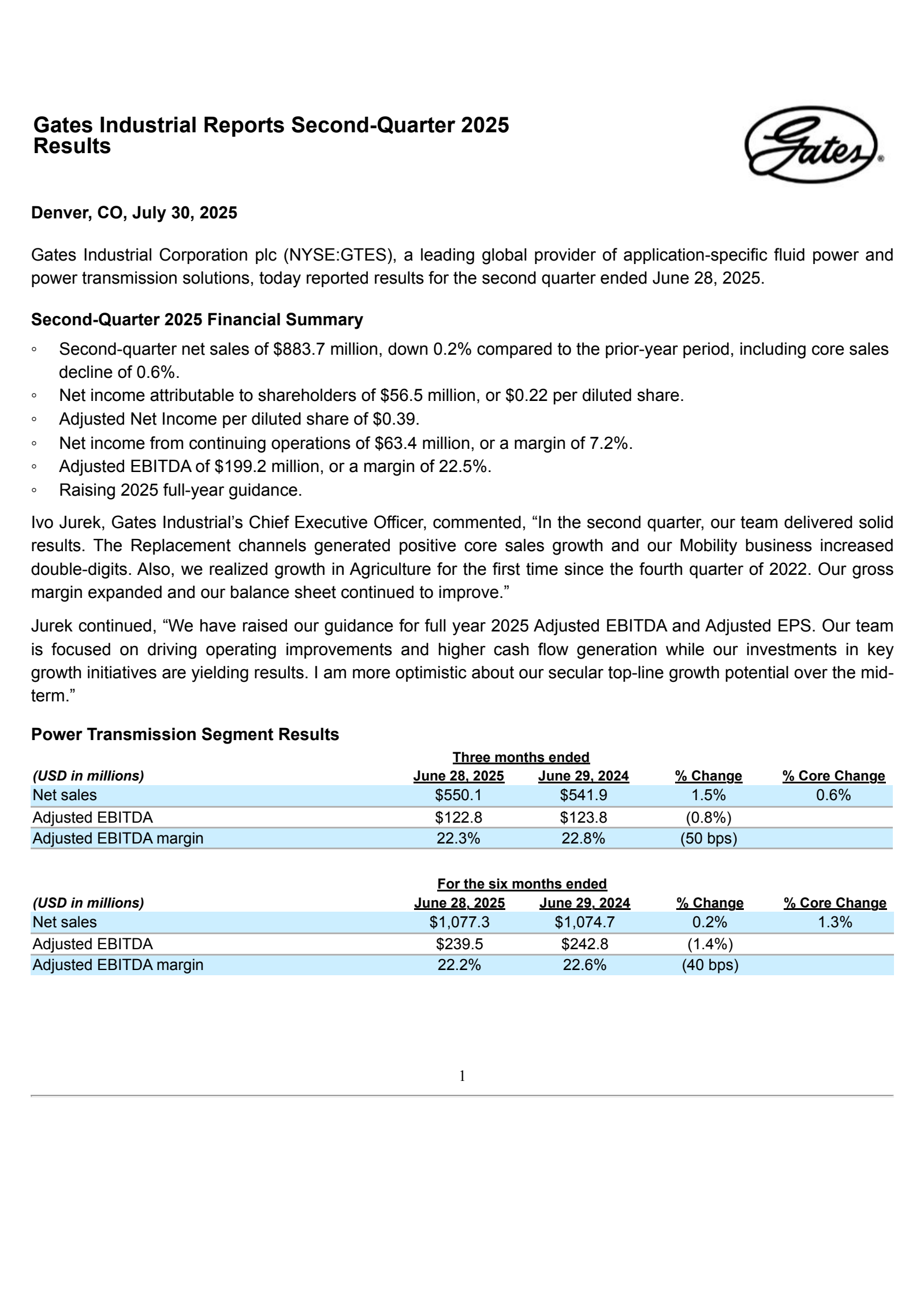 Gates Industrial's Q2 2025 Press Release