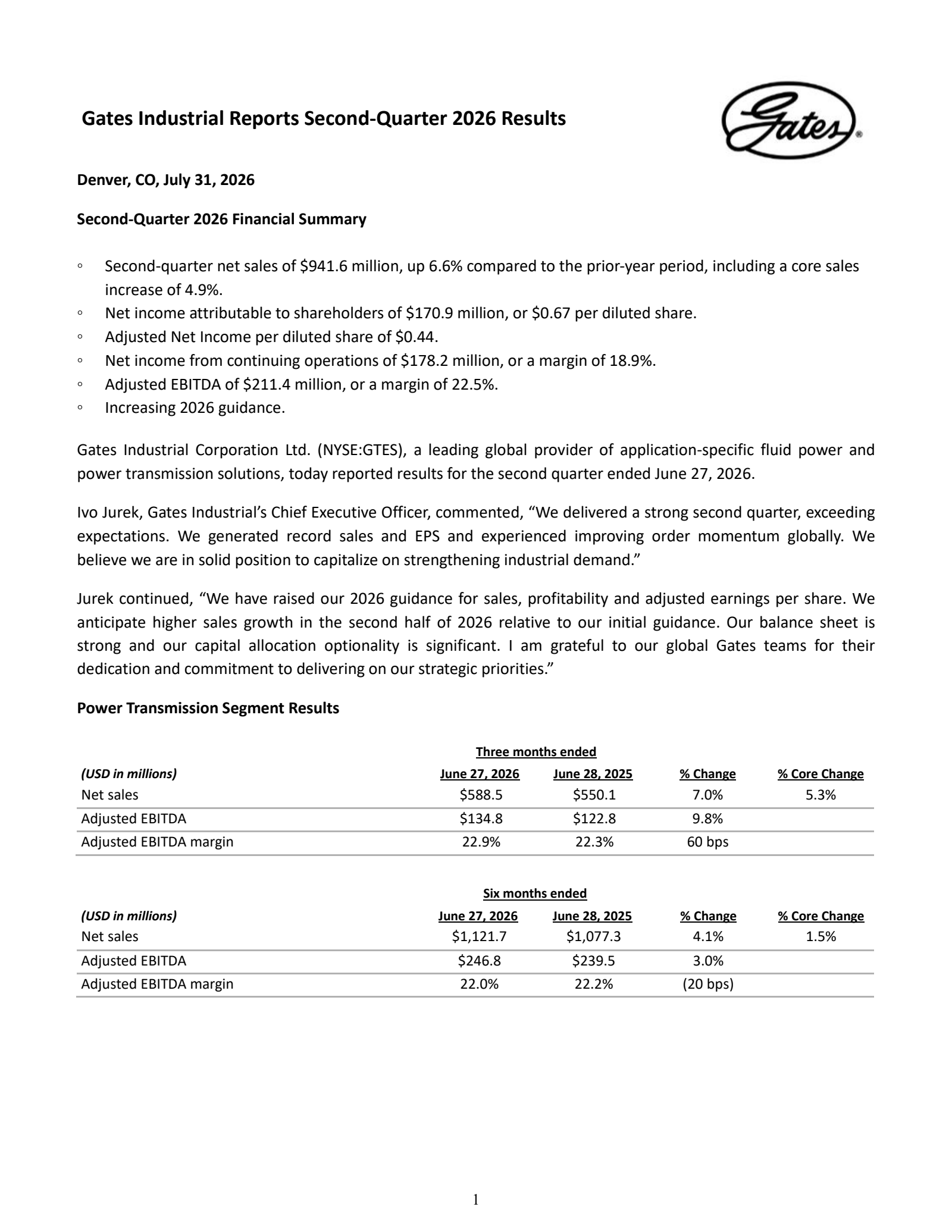 Gates Industrial's Q2 2026 Press Release