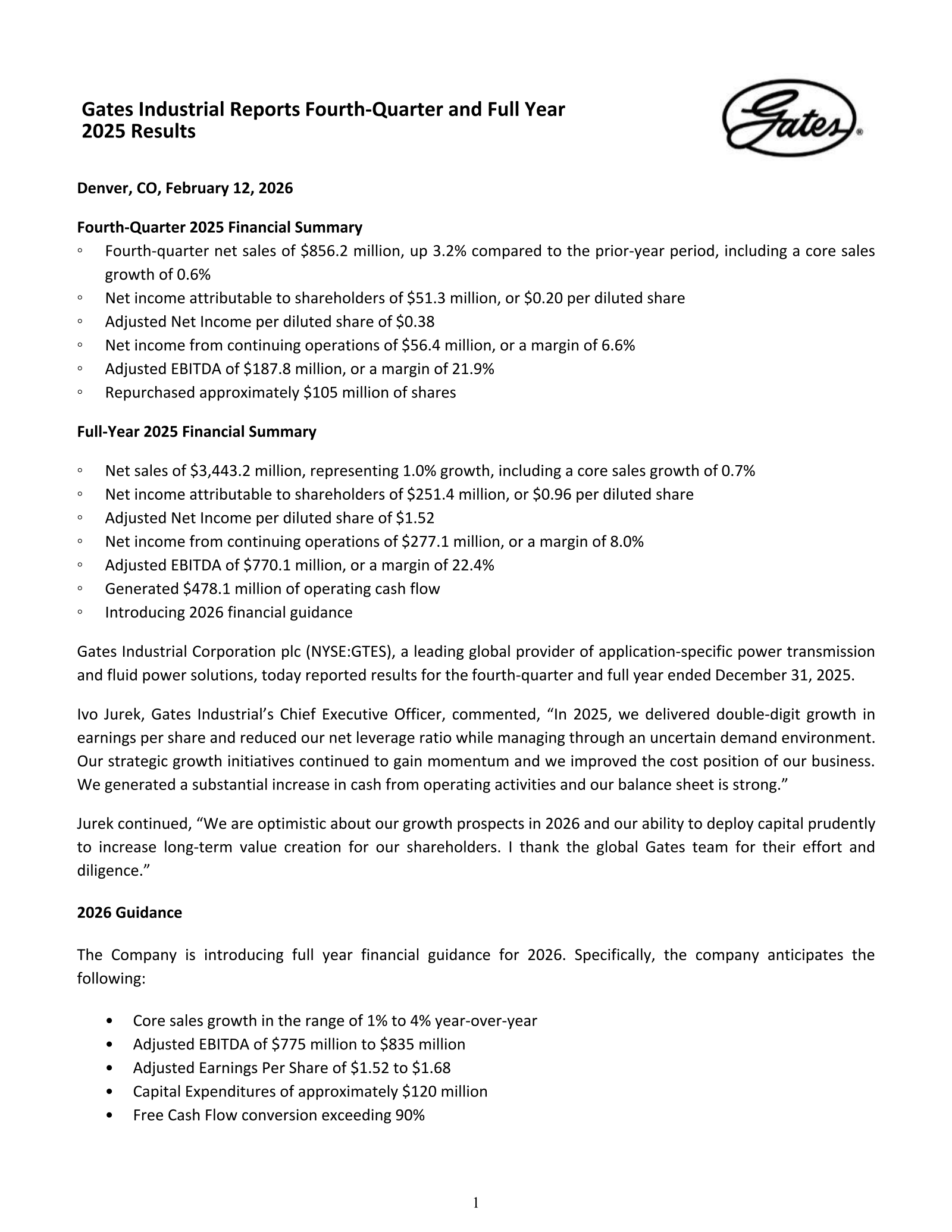 Gates Industrial's Q4 2025 Press Release