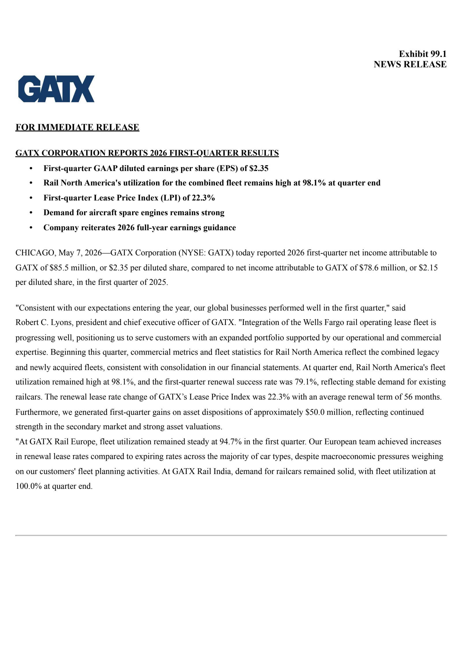 GATX's Q1 2026 Press Release