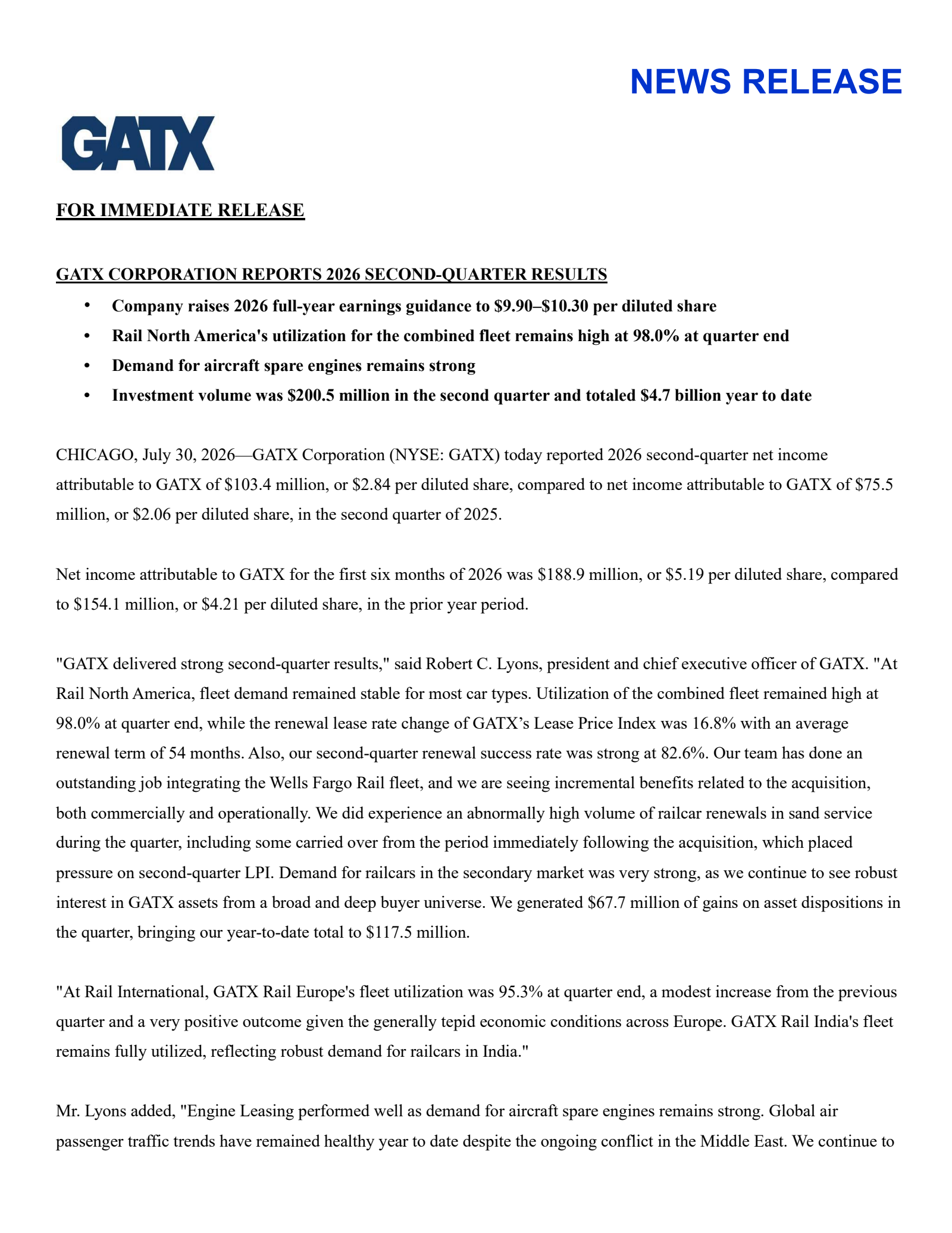 GATX's Q2 2026 Press Release