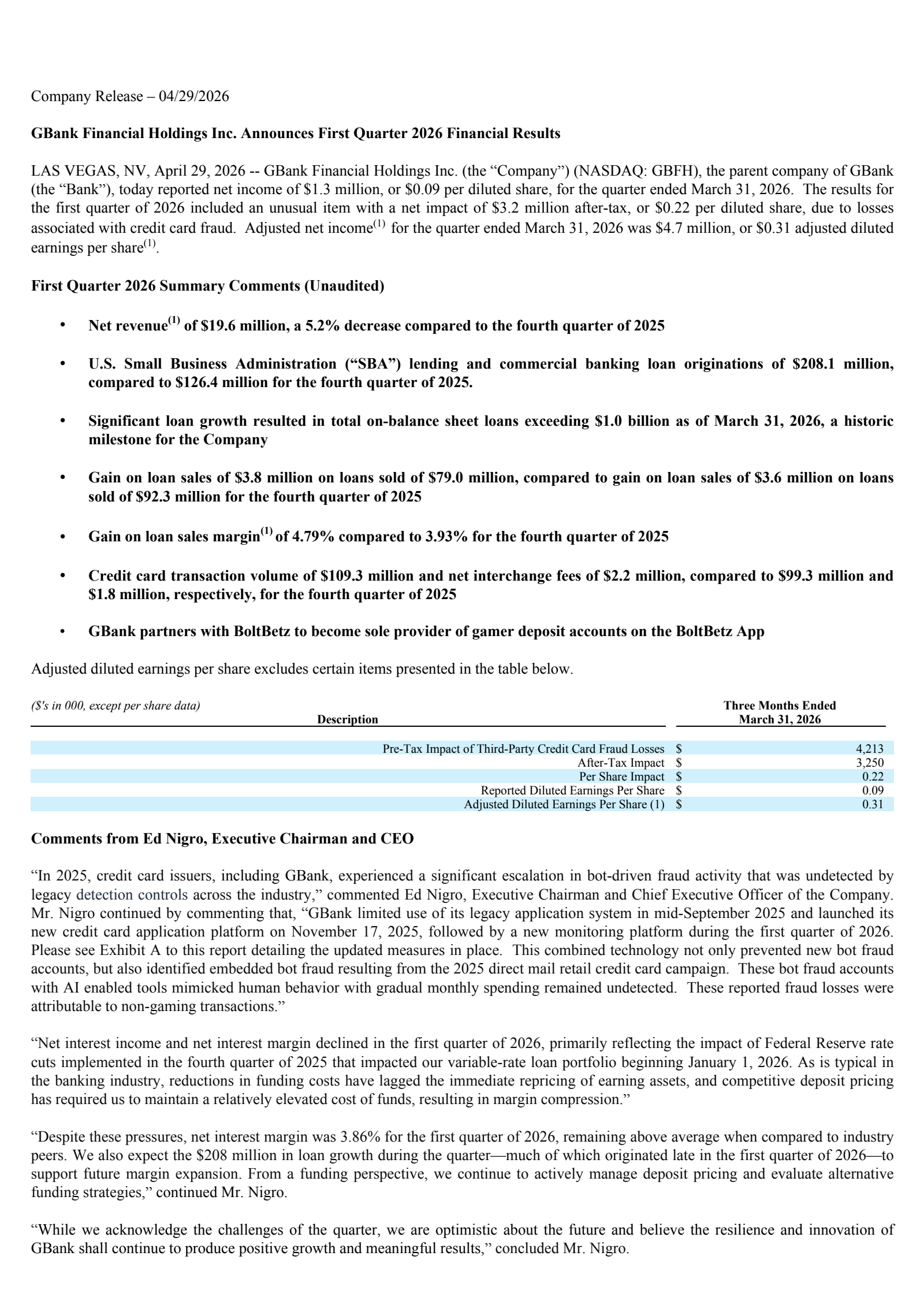GBank Financial's Q1 2026 Press Release