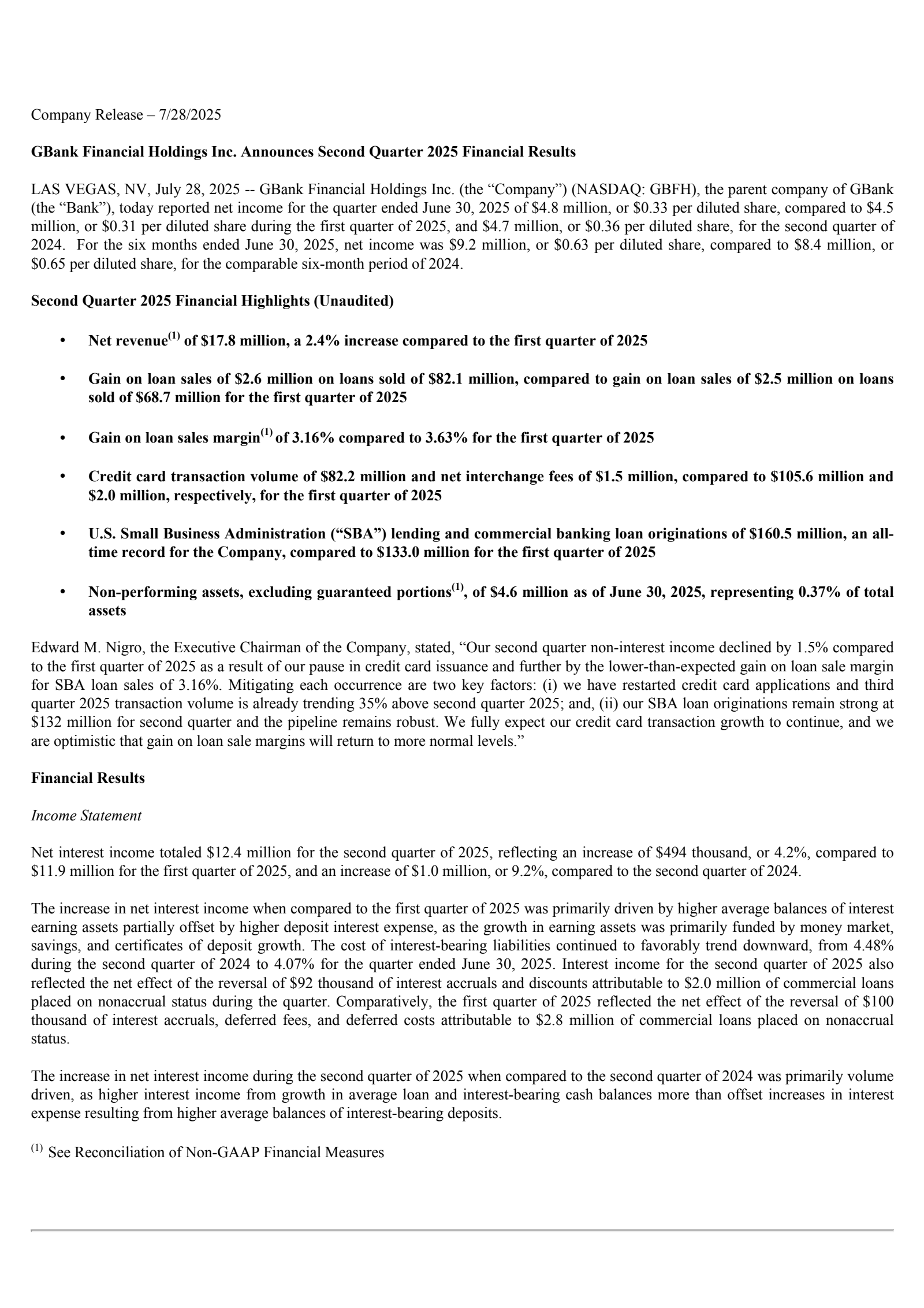 GBank Financial's Q2 2025 Press Release